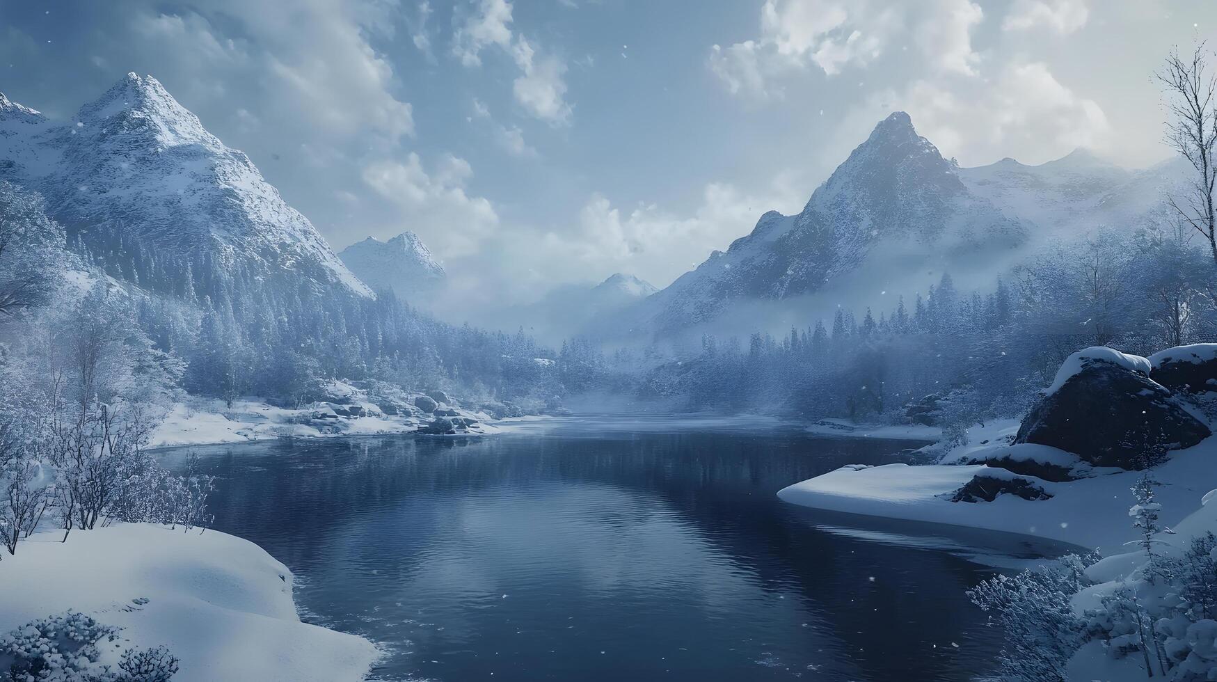 A snowy mountain range with a lake in the foreground photo