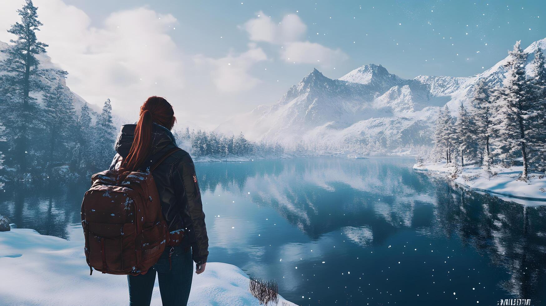 A woman is standing on a snowy mountain, looking out at a body of water photo