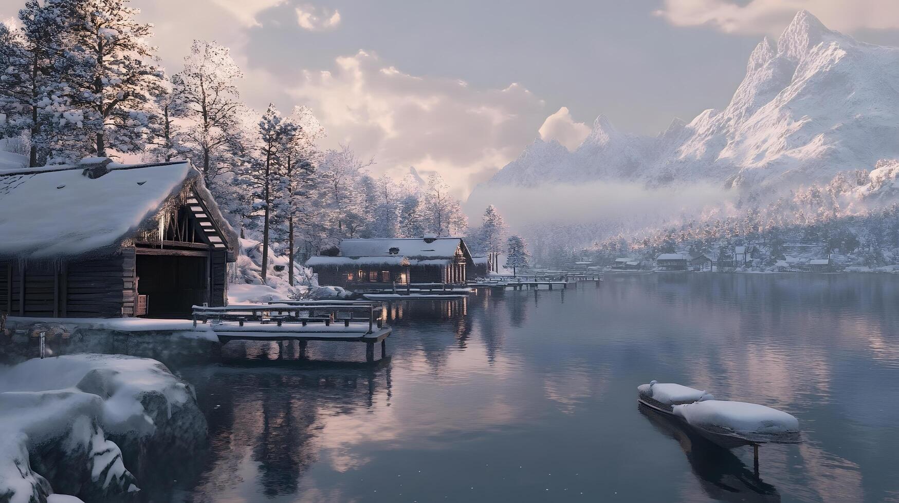 A snowy landscape with a lake and a few houses photo