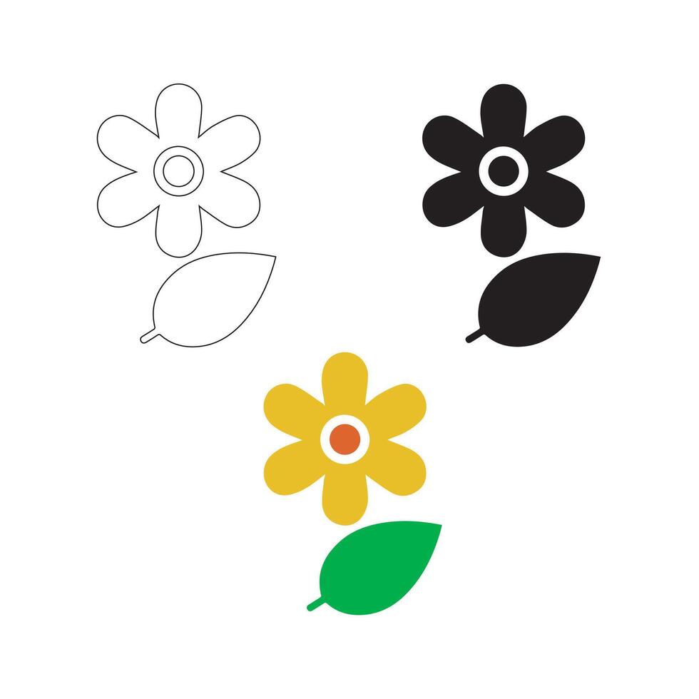Flower Icon With Leaf Outline, Silhouette And Color vector