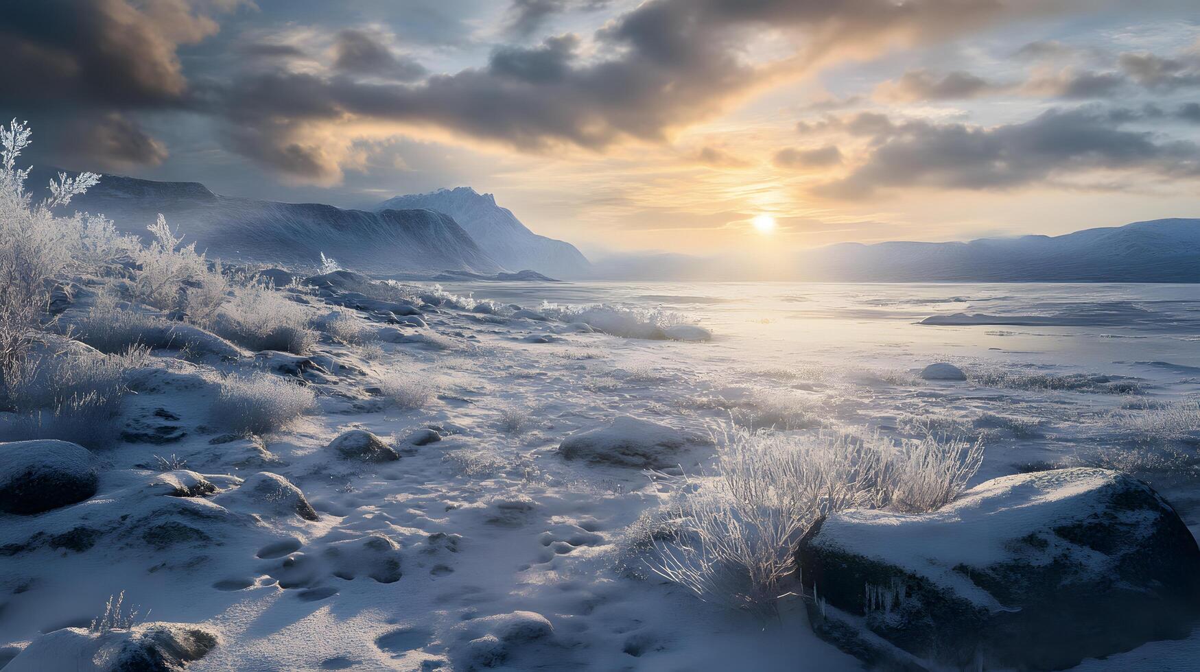 A snowy landscape with a sun setting in the background photo