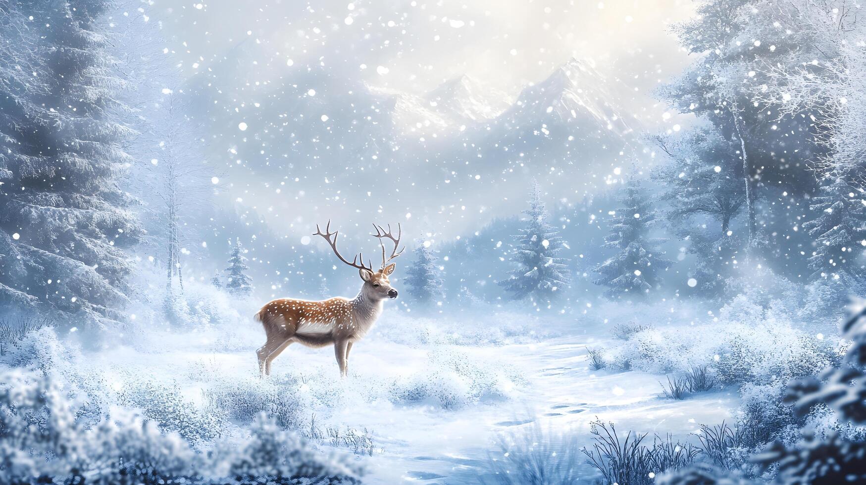 A deer is standing in the snow in a forest photo