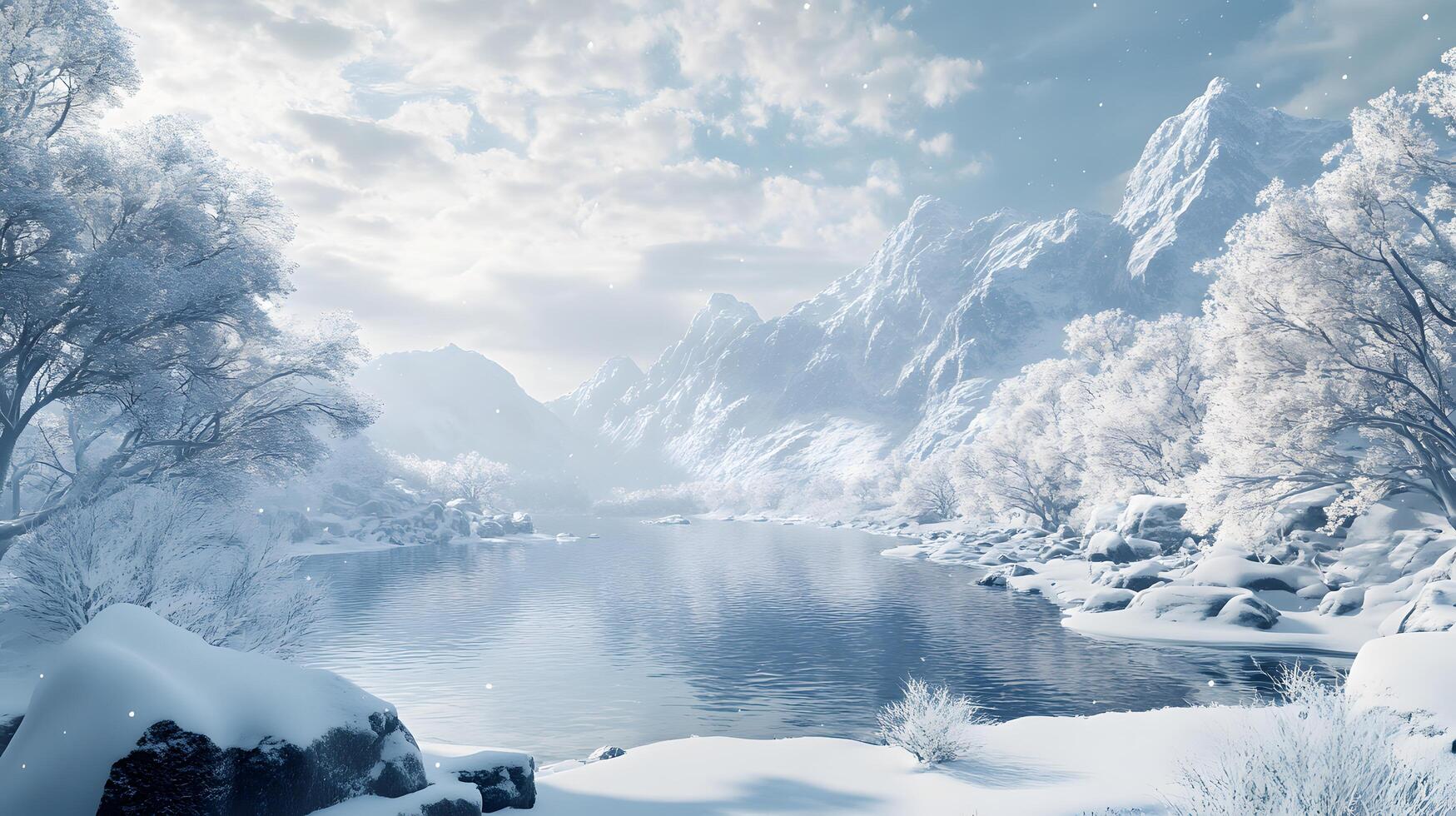 A snowy mountain range with a body of water in the foreground photo