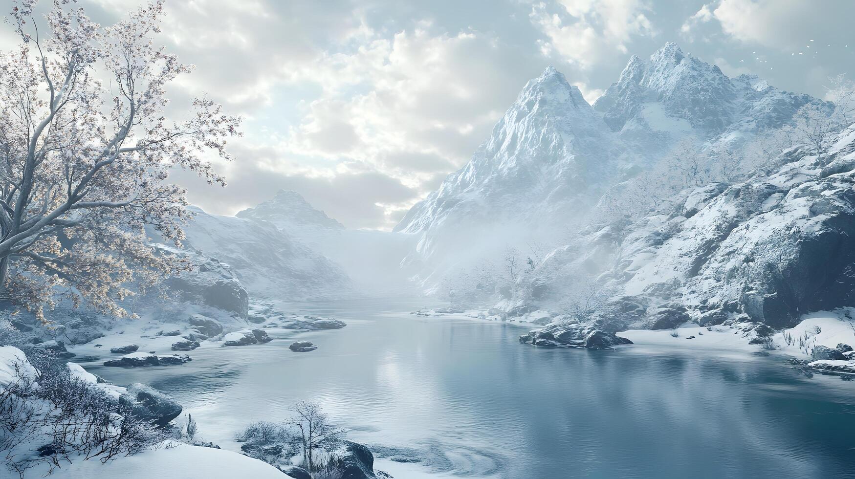 A snowy mountain range with a river running through it photo