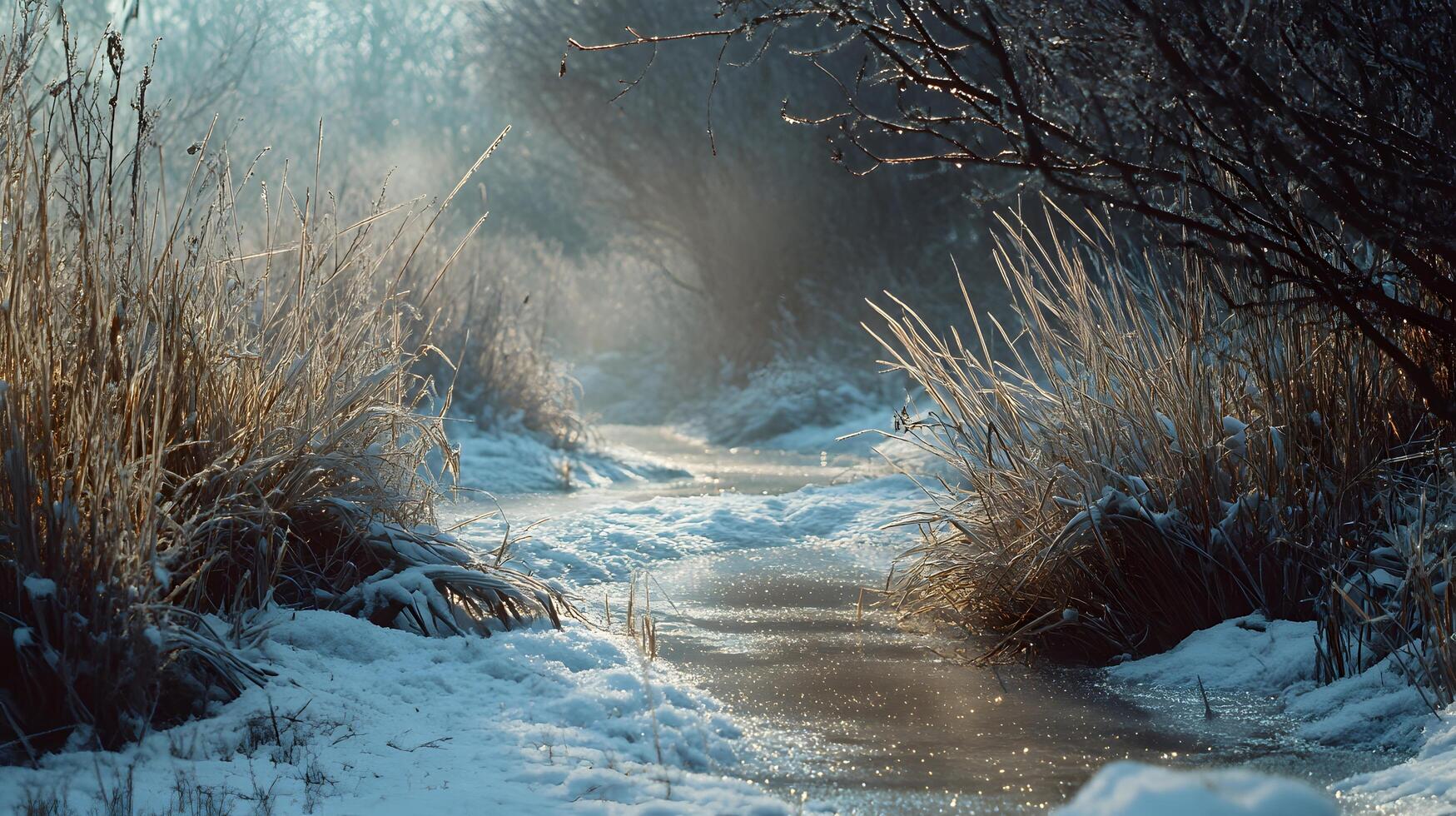 A snowy path with a stream of water running through it photo