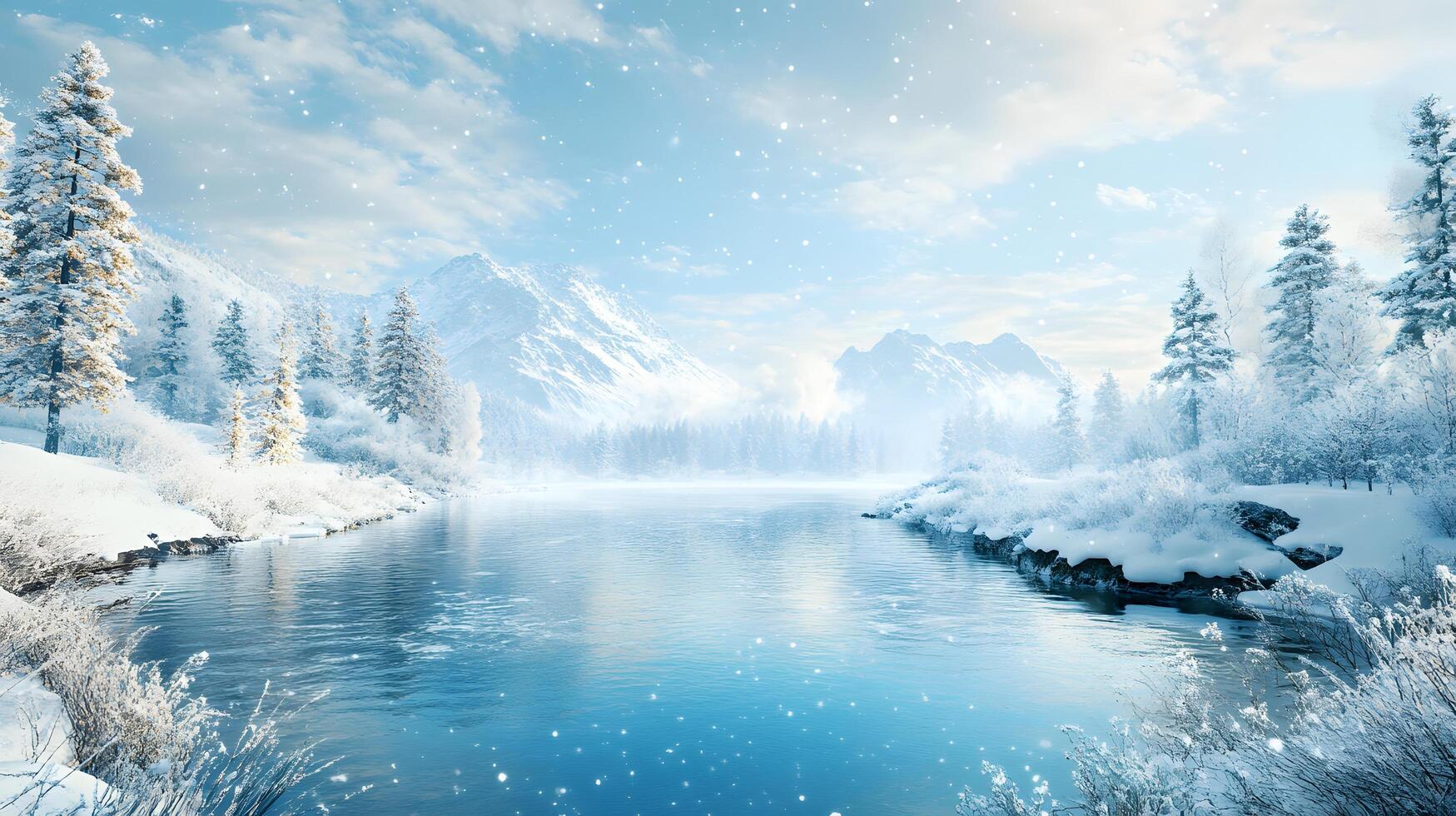 A snowy landscape with a river and mountains in the background photo