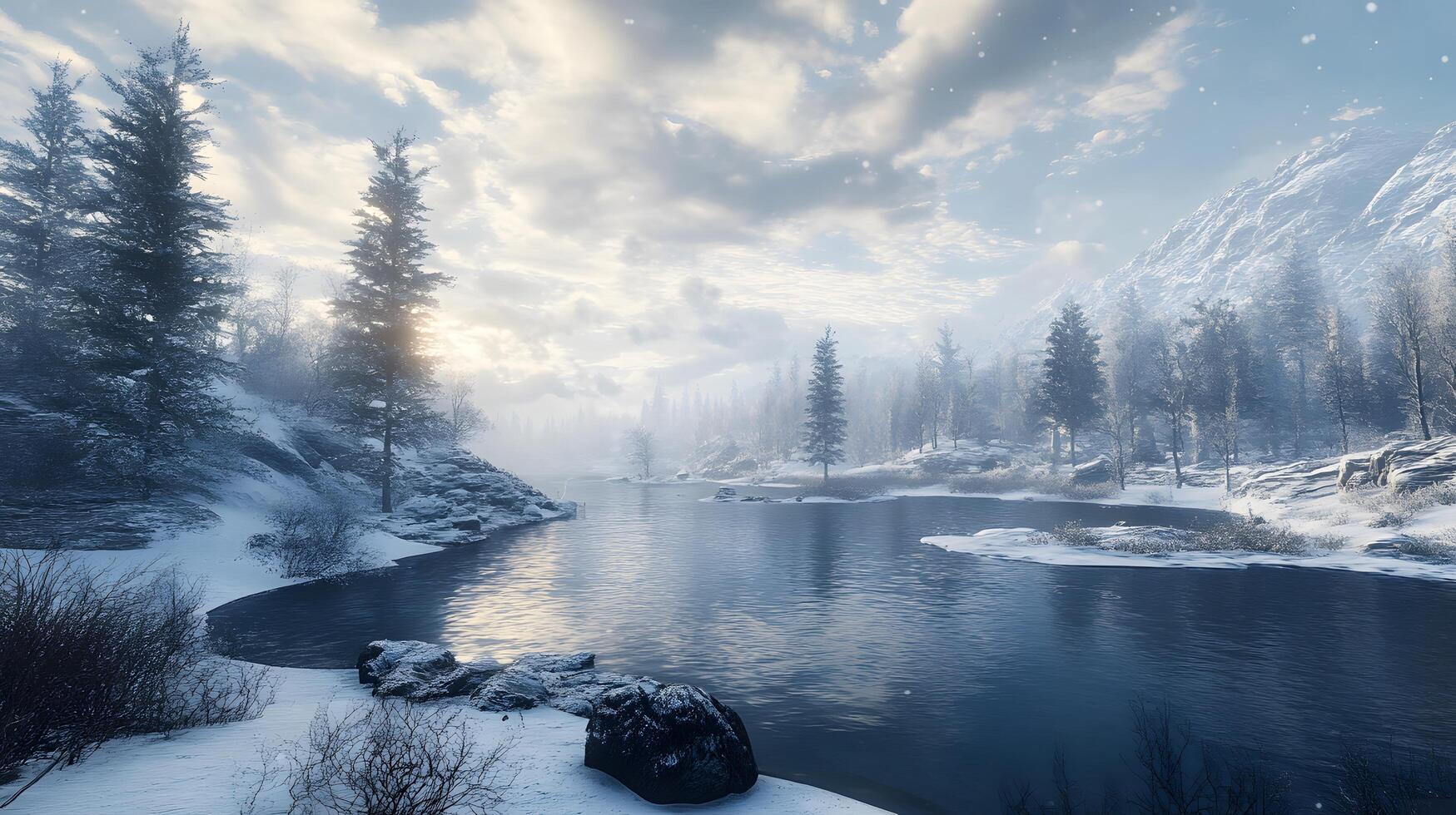 A snowy landscape with a river and trees photo