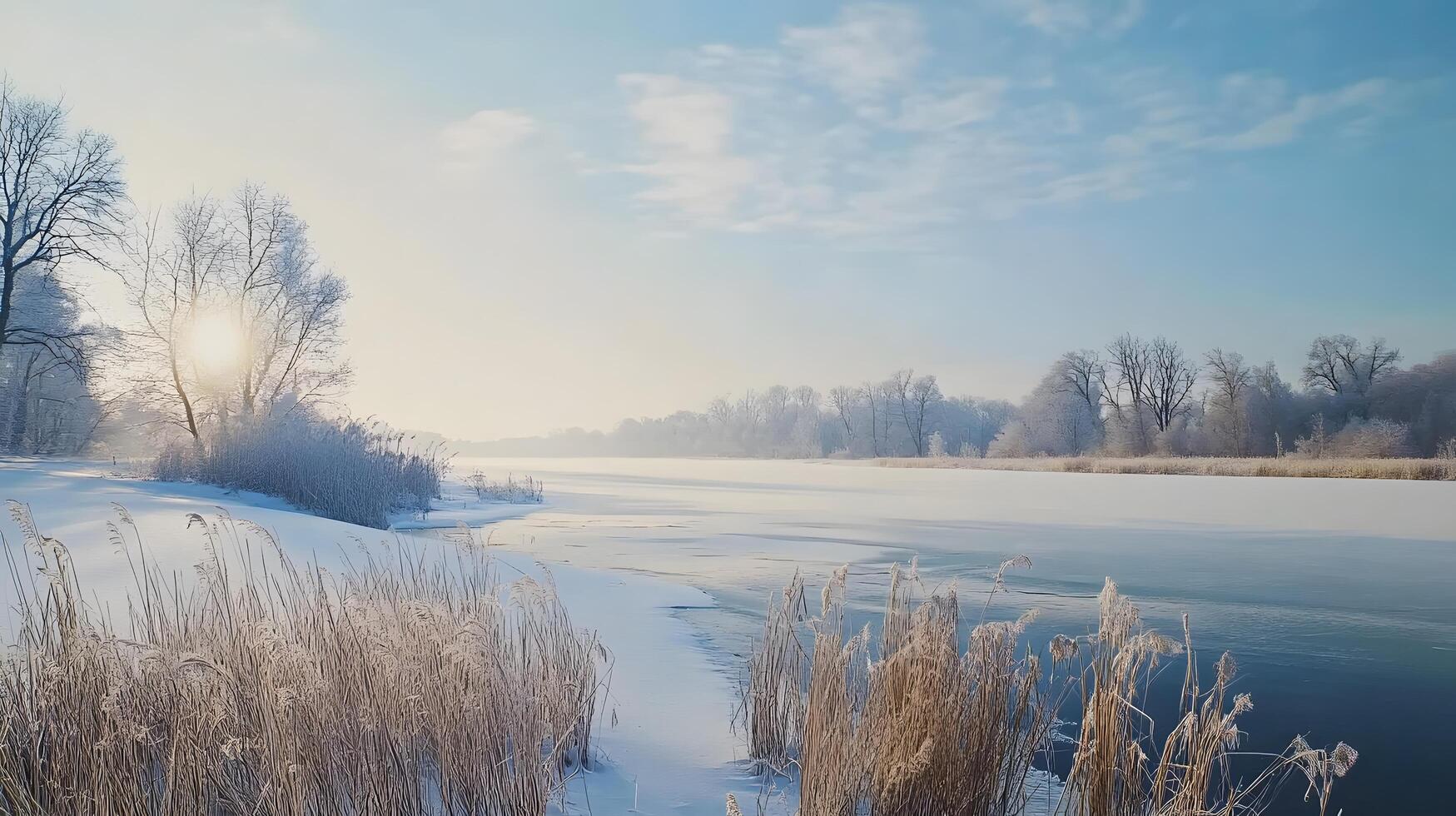 A snowy landscape with a frozen river and a sun shining on the trees photo