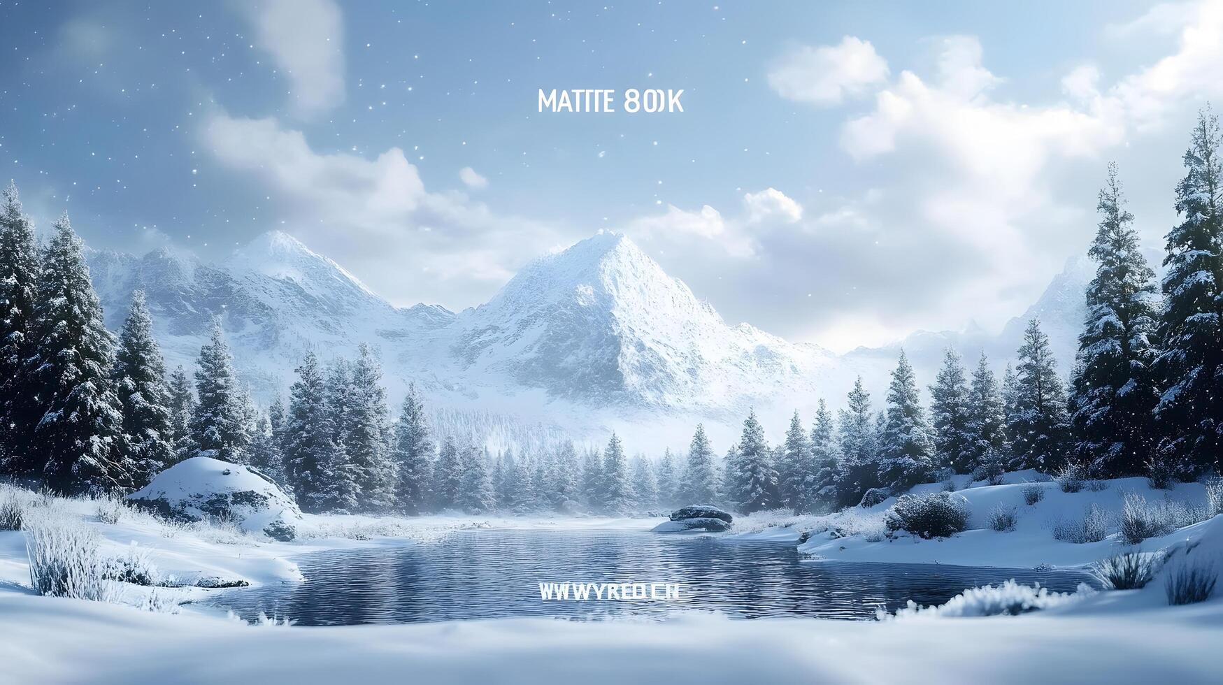 A snowy landscape with a body of water and a mountain in the background photo
