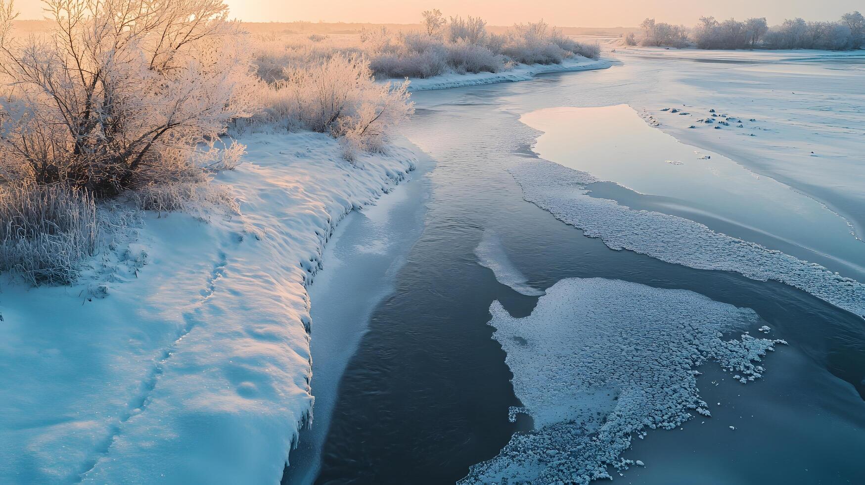 A frozen river with a snowy bank photo