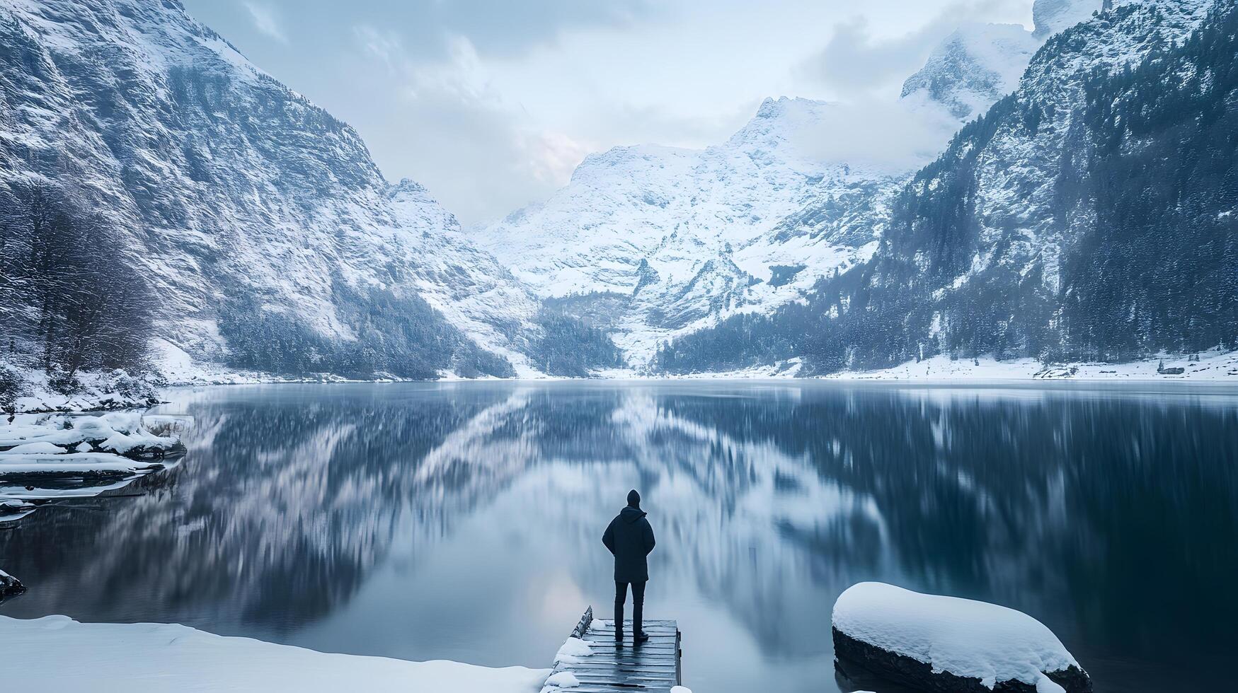 A man stands on a dock overlooking a frozen lake photo