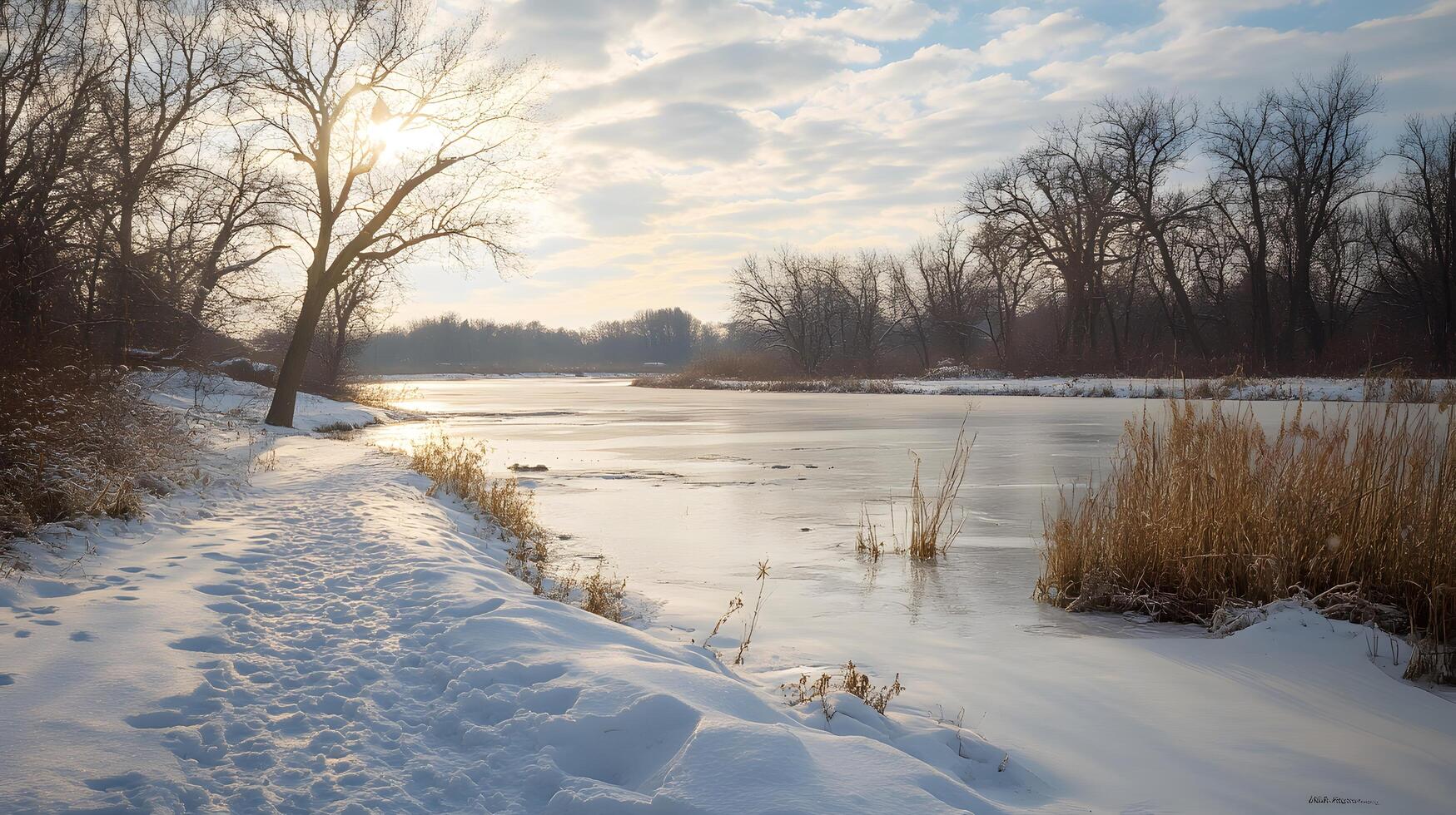 A snowy landscape with a frozen lake and a tree in the background photo