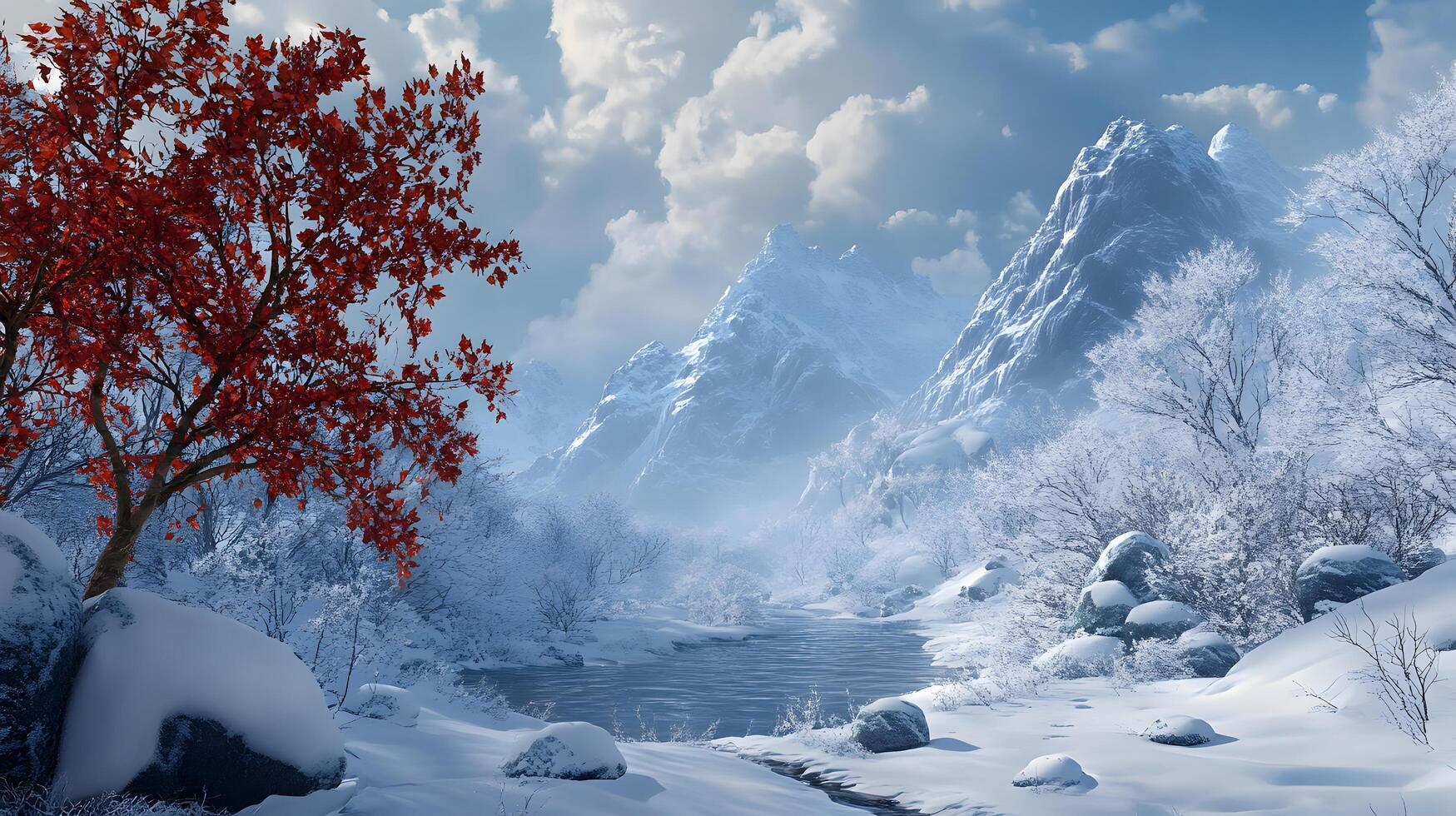 A snowy landscape with a red tree in the foreground photo