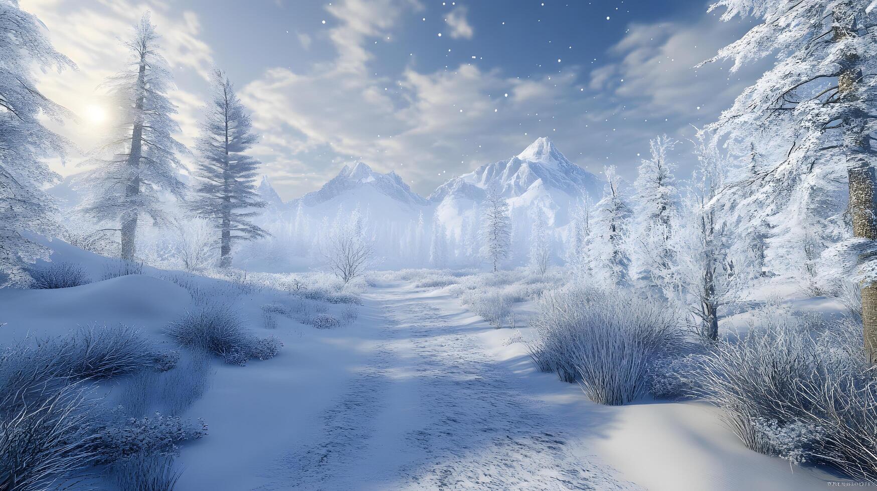 A snowy landscape with a path through the woods photo