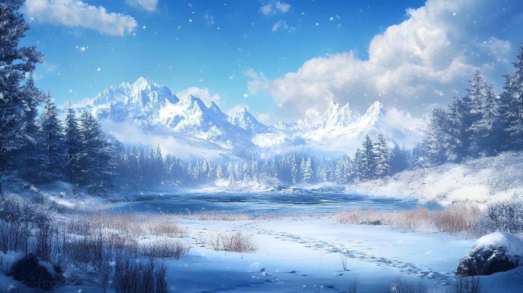 A snowy landscape with a lake and mountains in the background photo