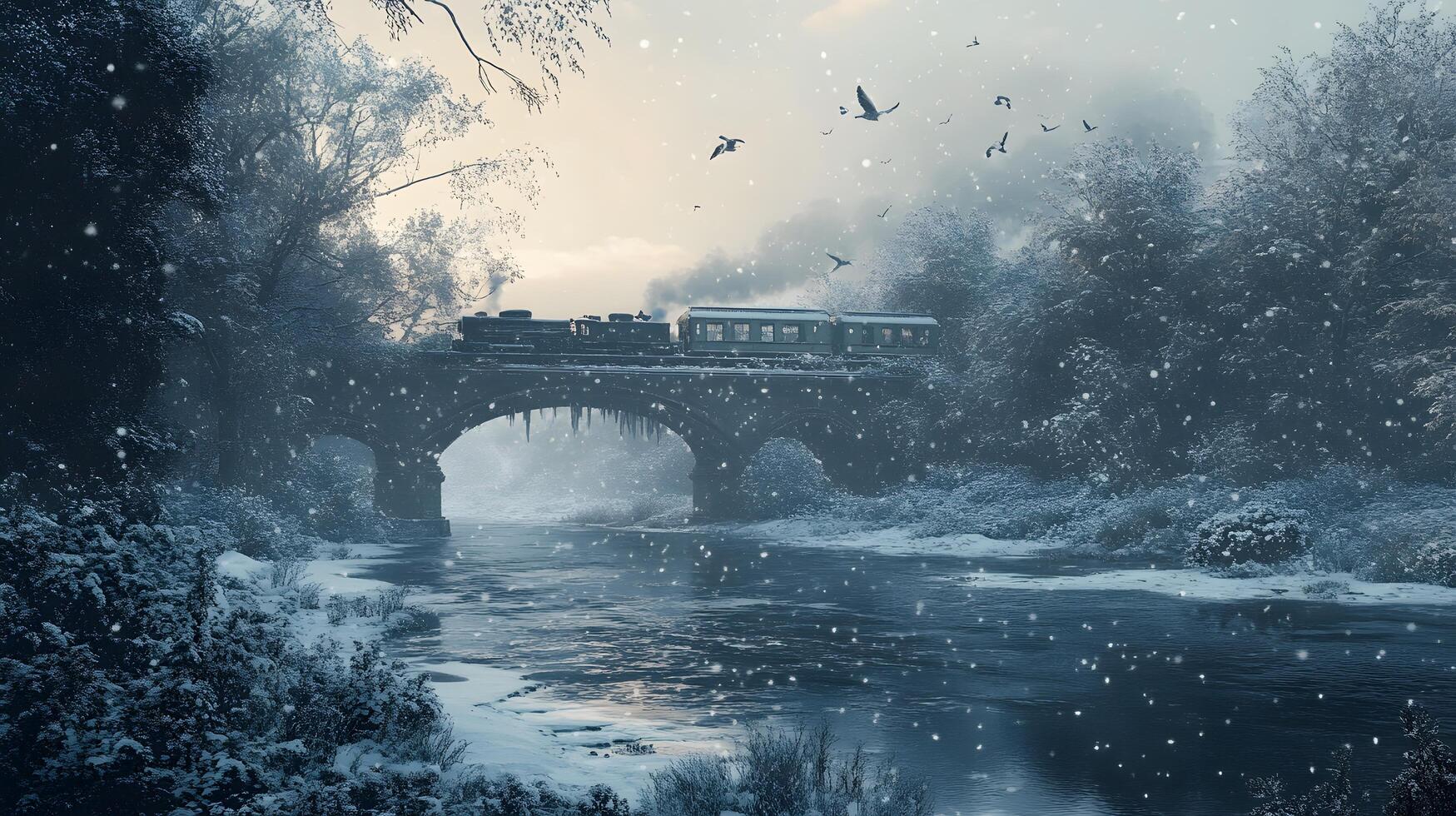A train is crossing a bridge over a river in the snow photo