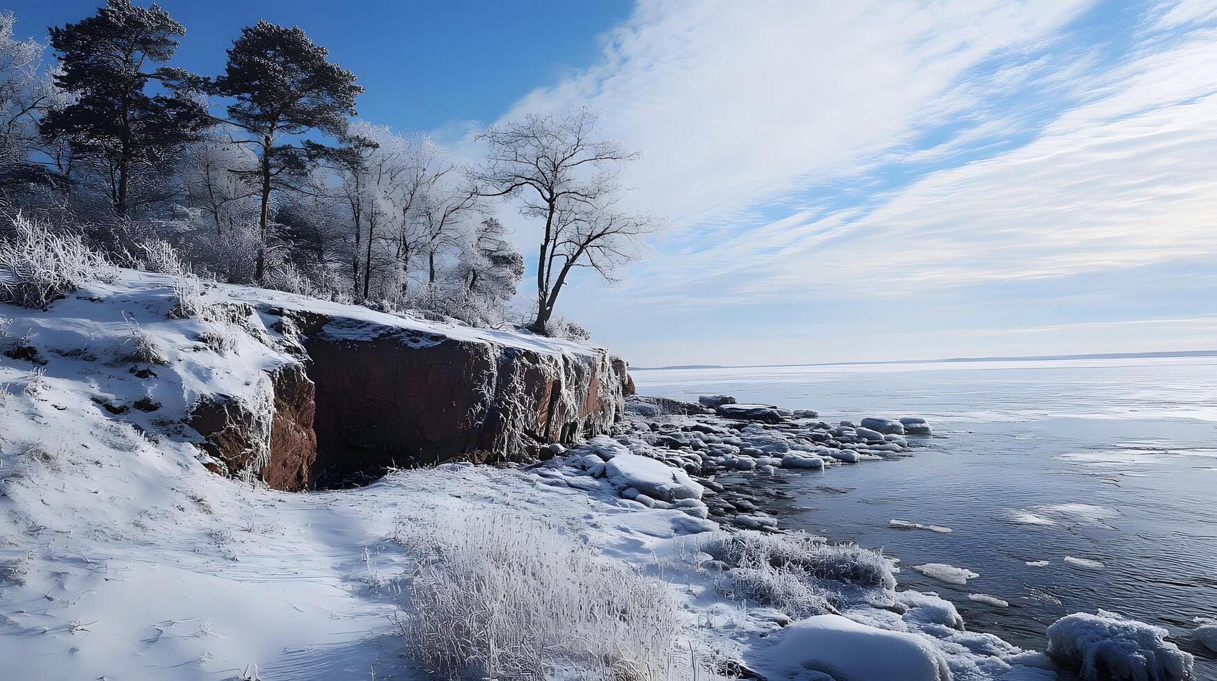 A snowy landscape with a rocky shoreline and a body of water photo
