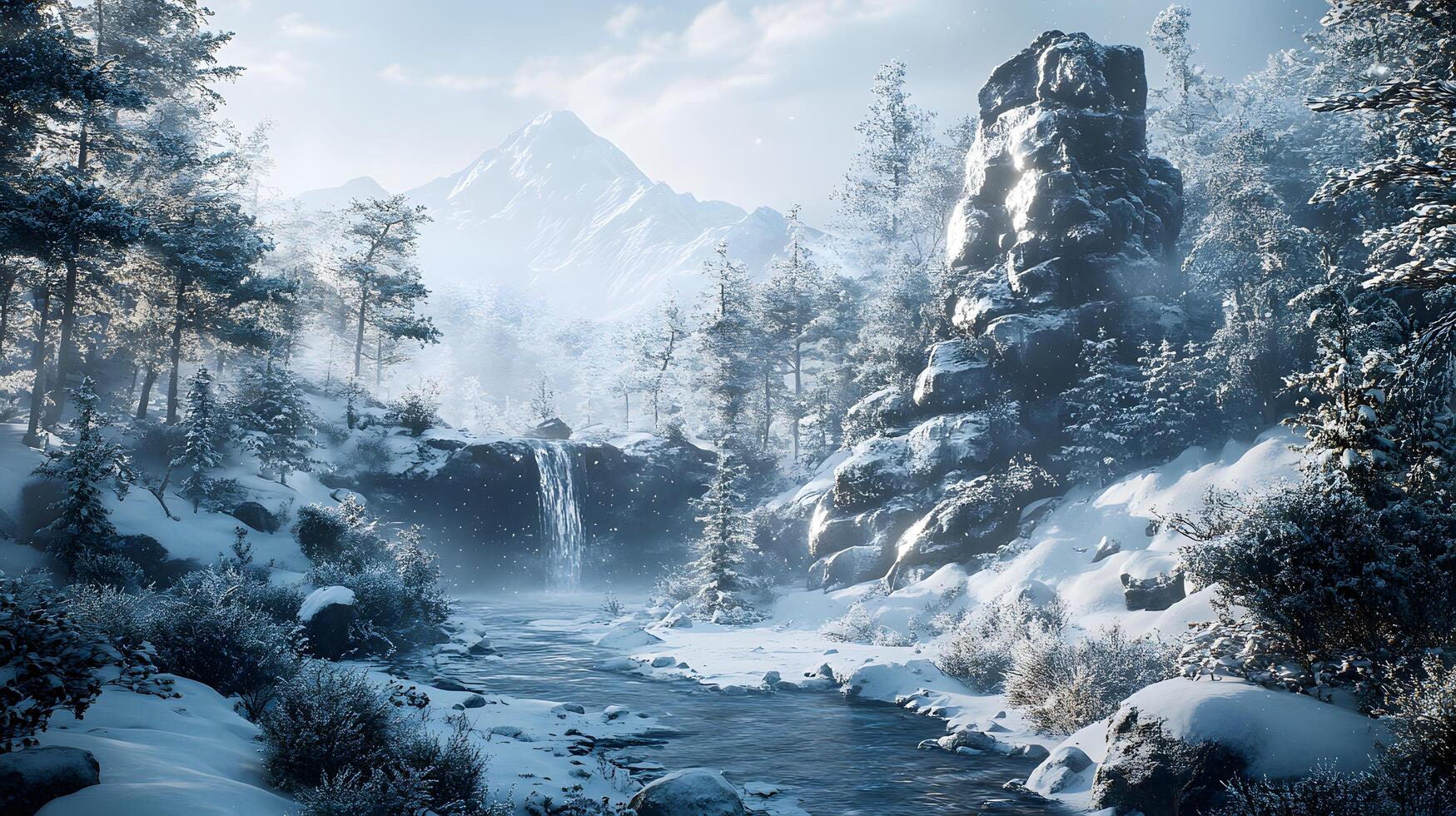 A snowy landscape with a river and a waterfall photo
