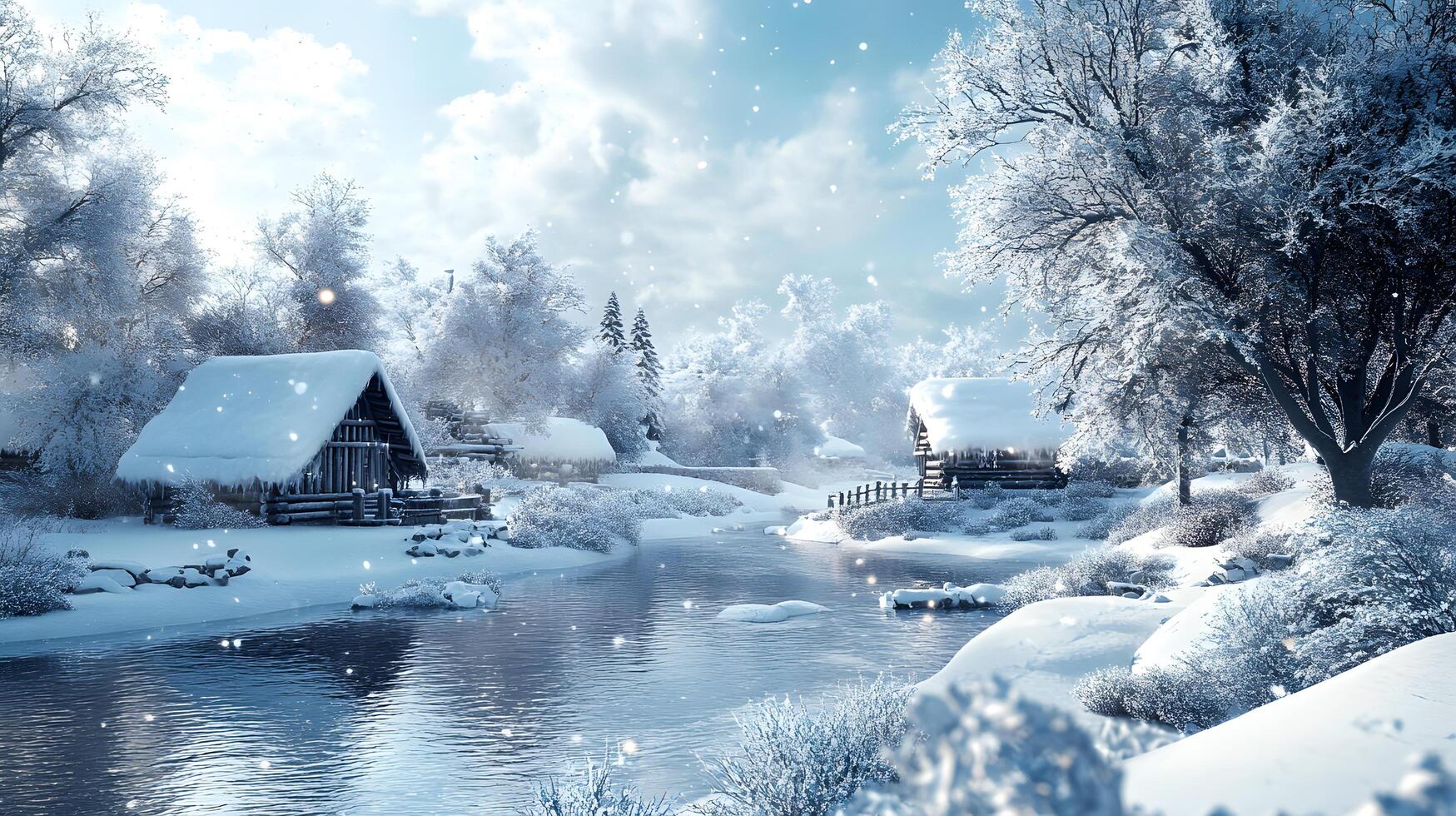 A snowy landscape with a river and two small houses photo