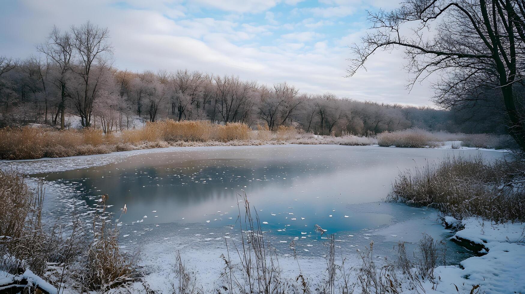 A frozen lake with a few trees in the background photo