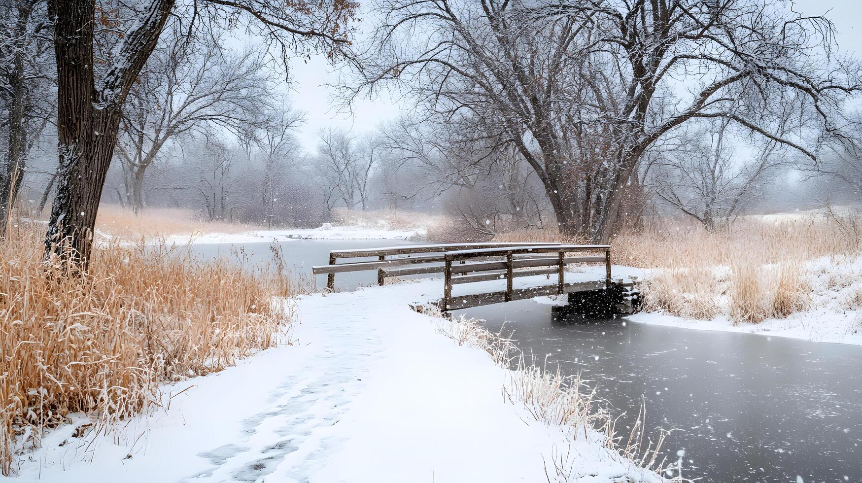 A bridge over a frozen river with snow on the trees photo