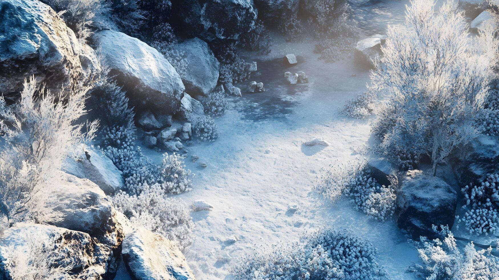 A snowy landscape with a path through it photo