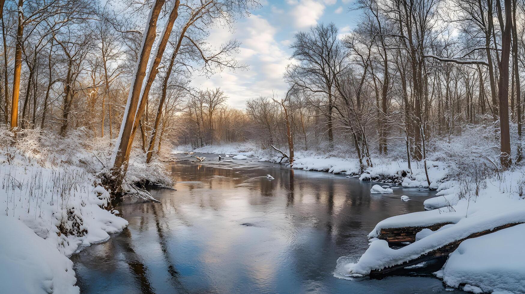 A snowy river with trees in the background photo