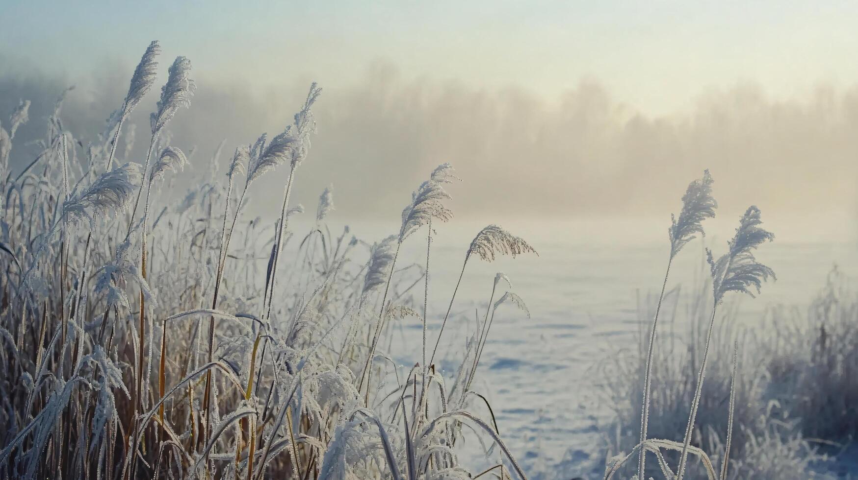 A field of tall, frosted grass with a foggy sky in the background photo