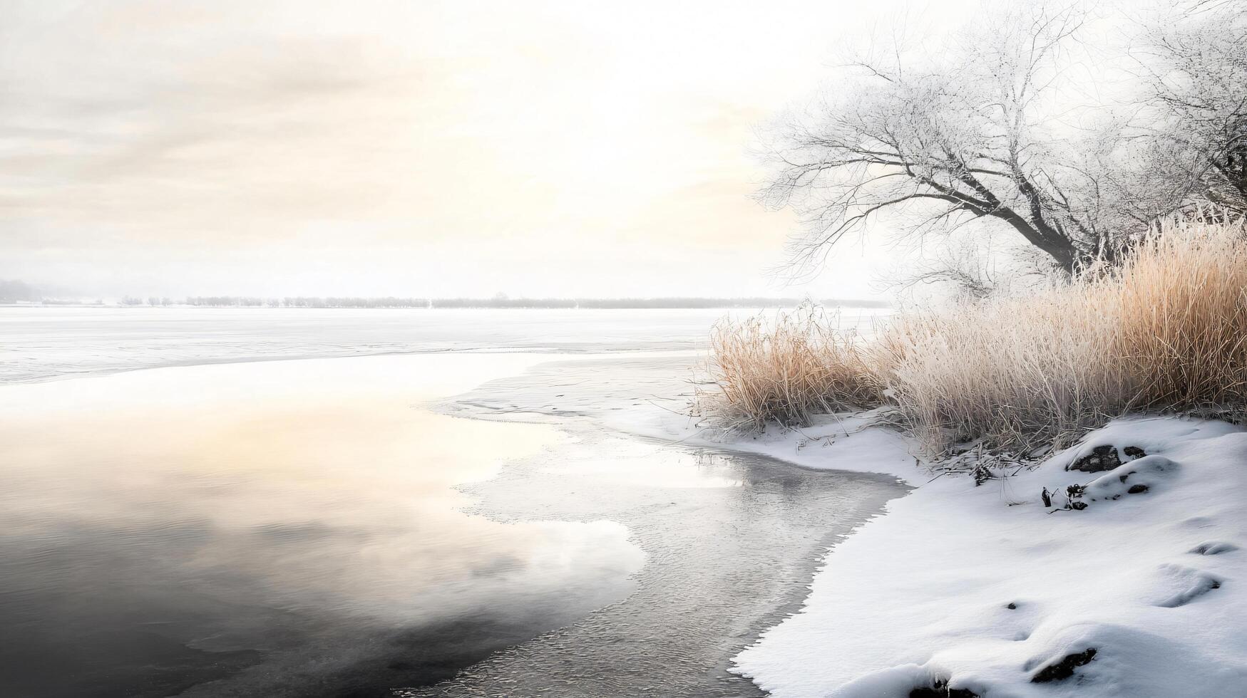 A snowy landscape with a body of water and a tree in the background photo