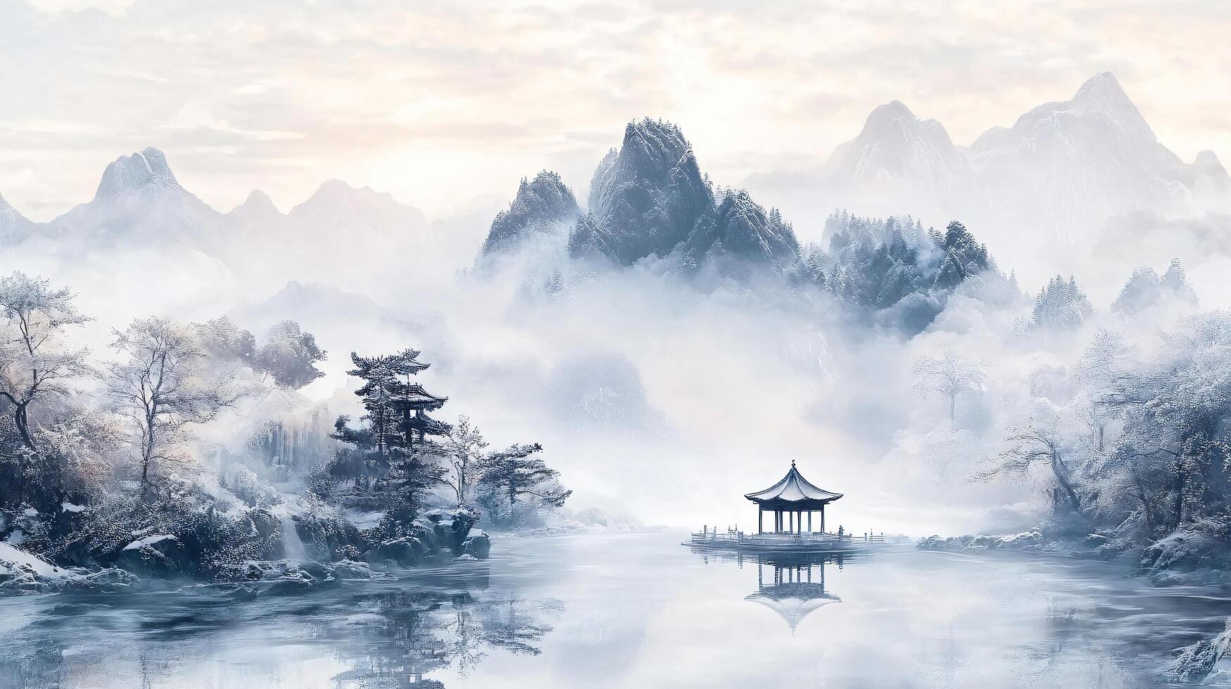 A serene landscape with a small wooden hut in the middle of a lake photo