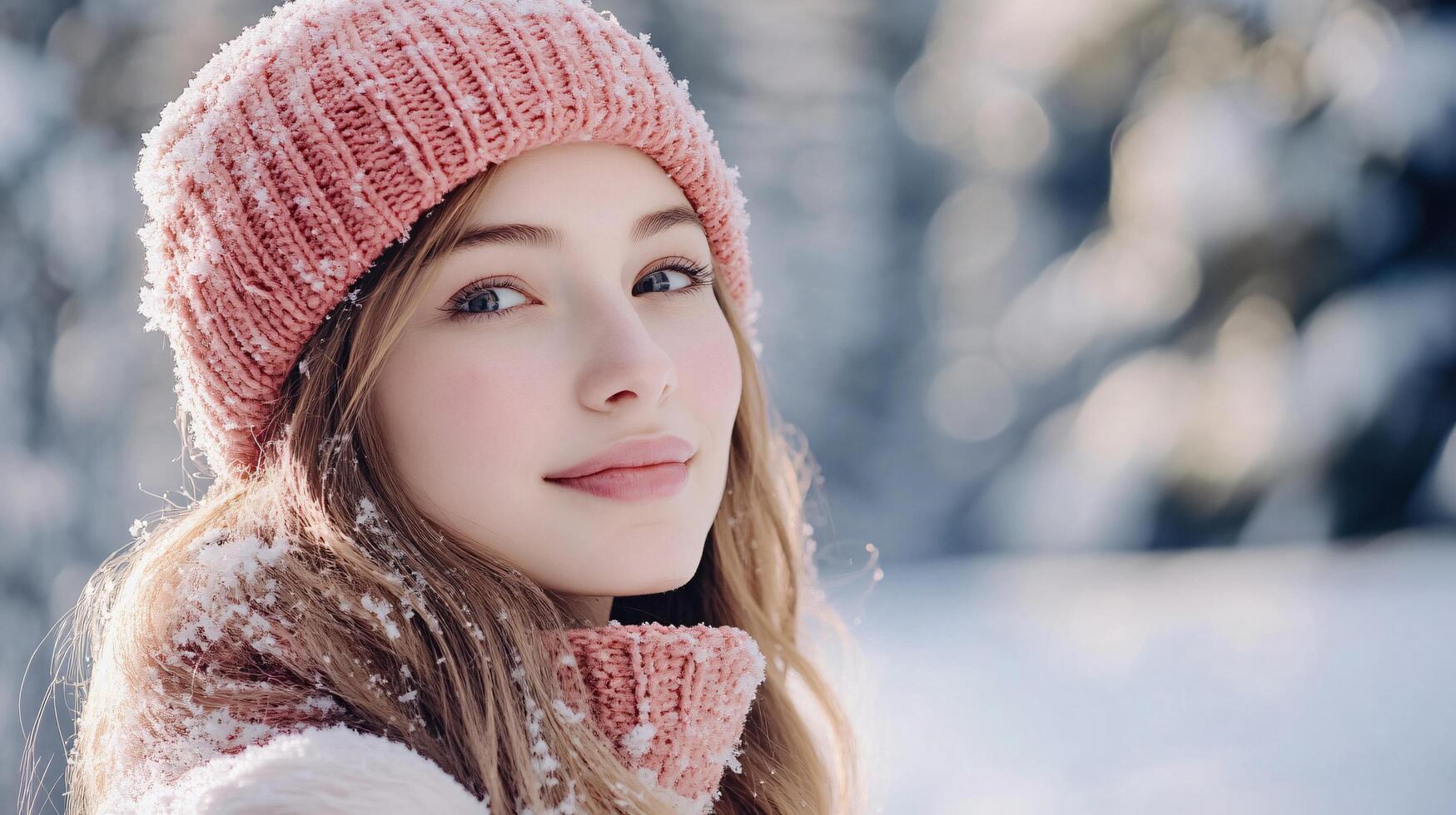 A woman wearing a pink hat and scarf is smiling at the camera photo