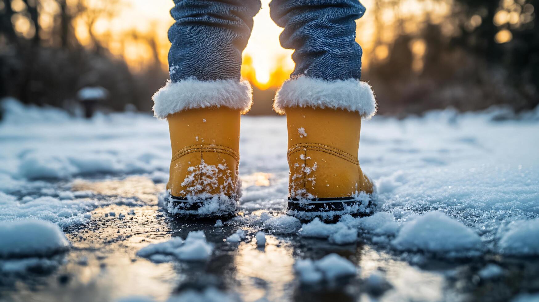 A person wearing yellow boots is standing in the snow photo