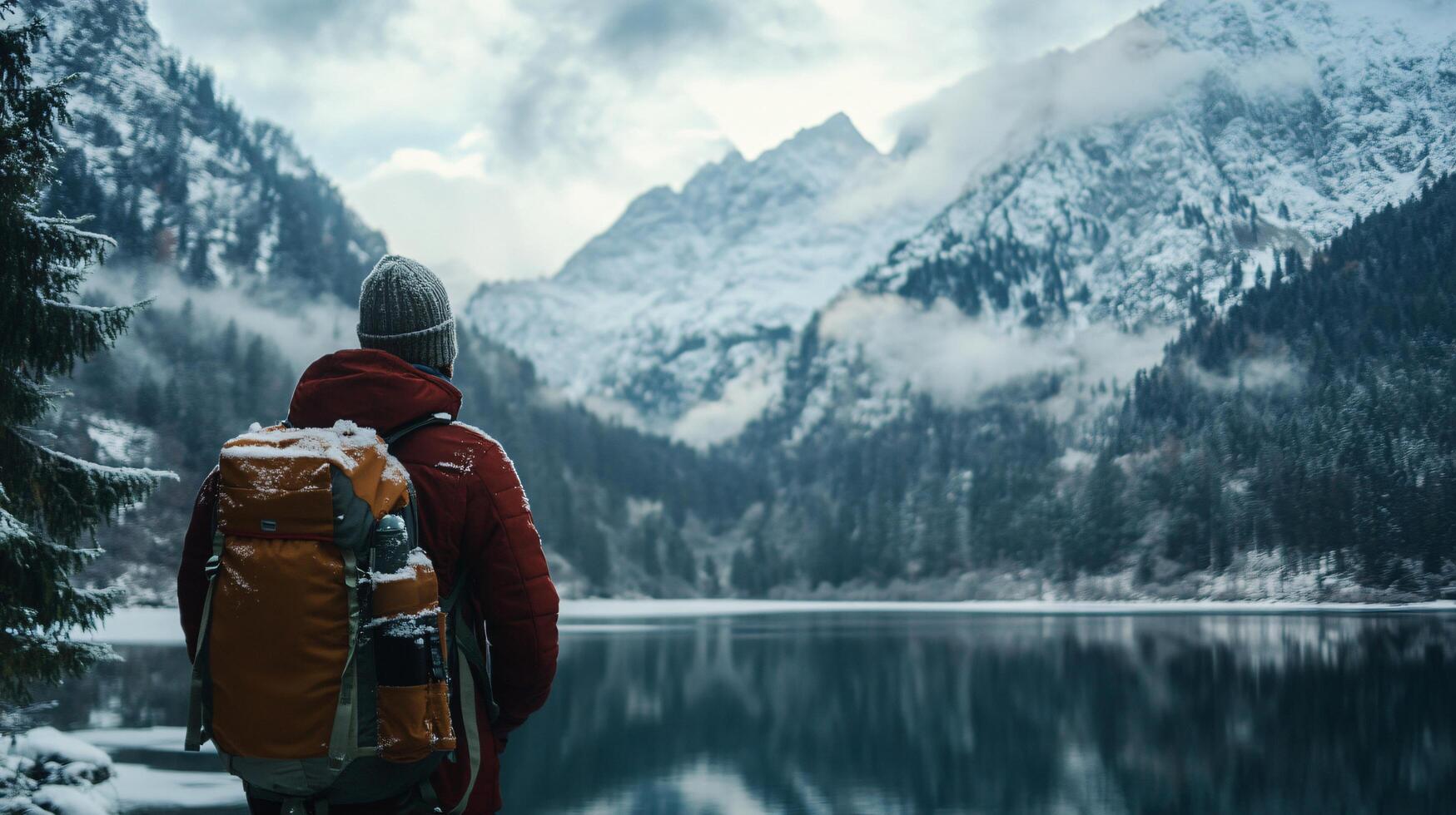 A man wearing a red jacket and a hat is standing by a lake photo