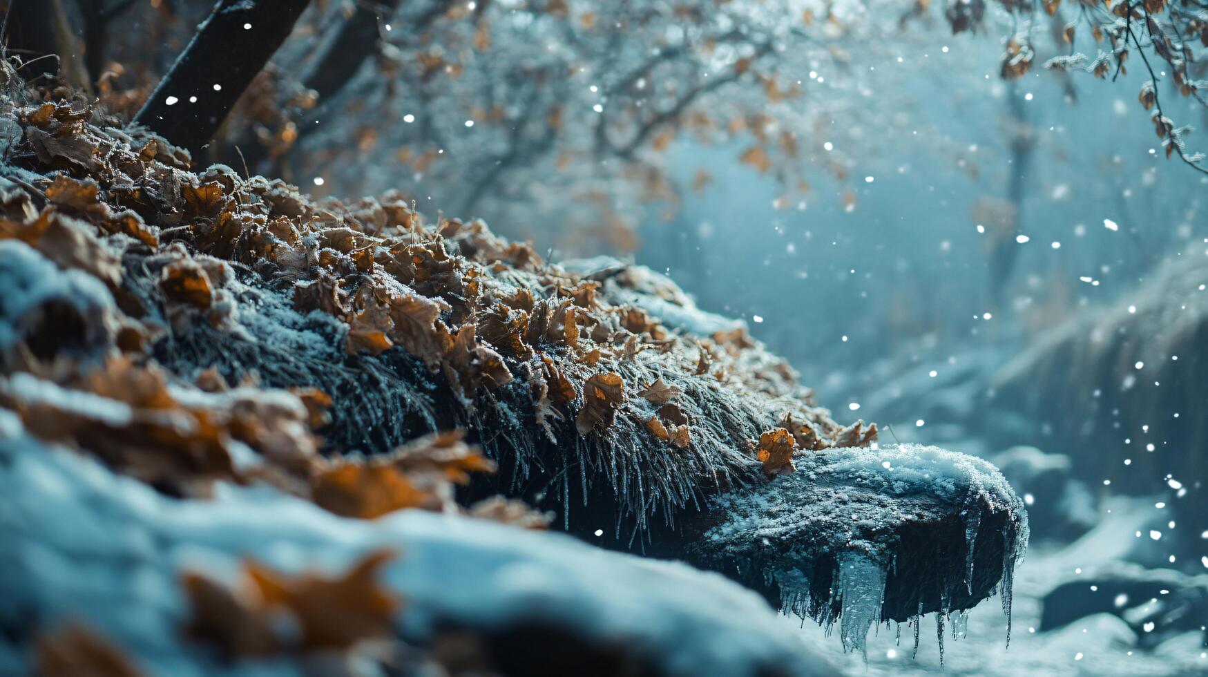A snowy forest with a frozen rock in the foreground photo