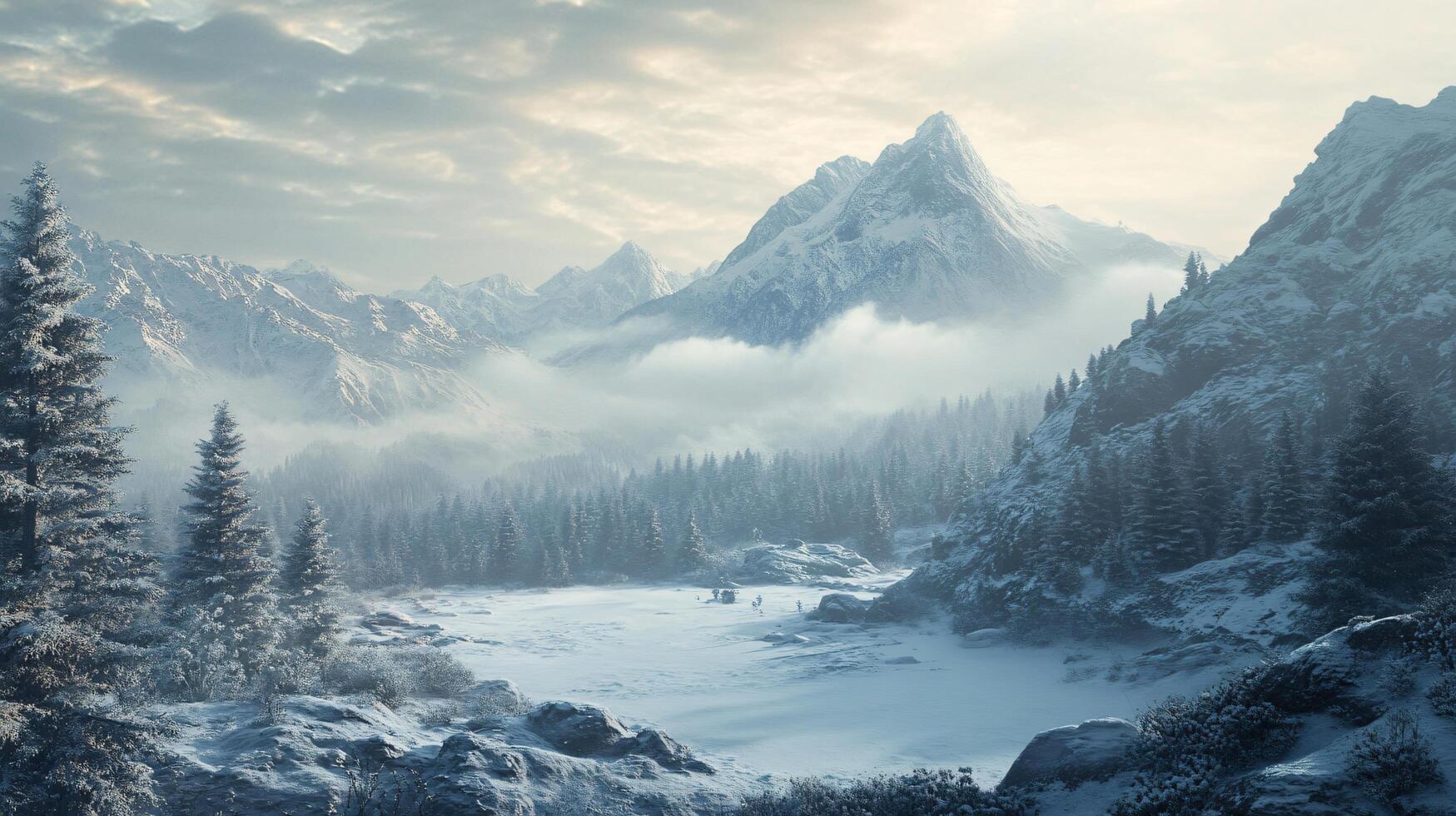 A snowy mountain range with a small village in the valley photo