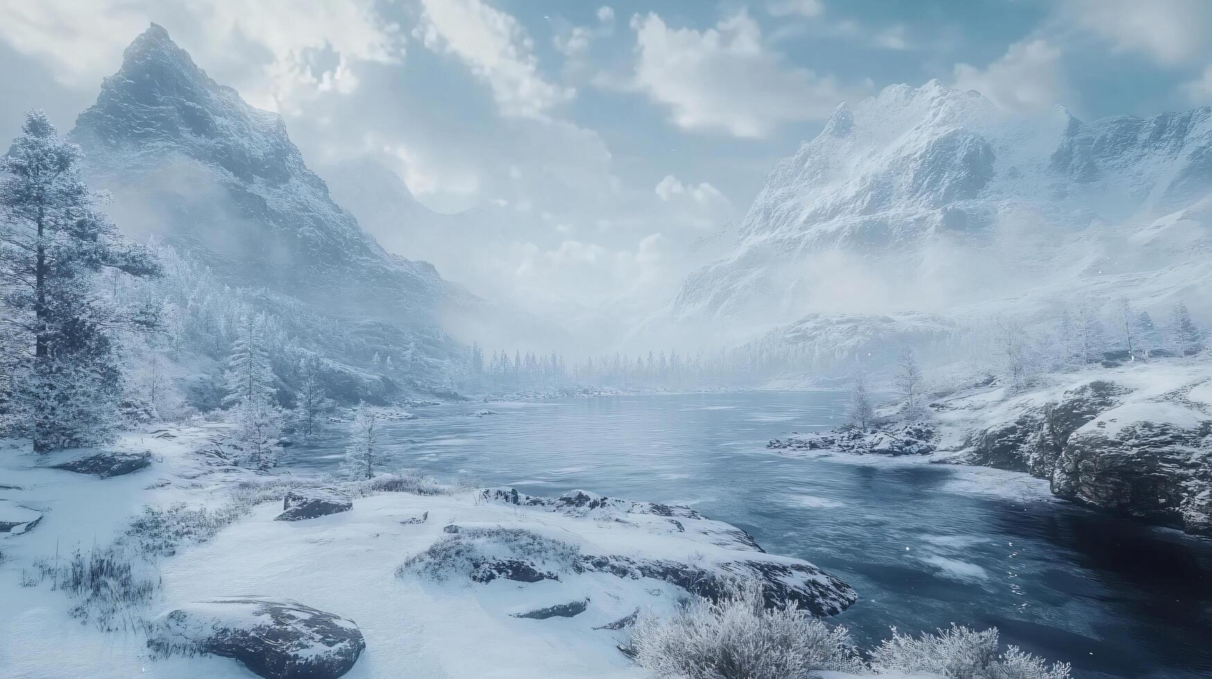 A snowy mountain range with a frozen river in the foreground photo