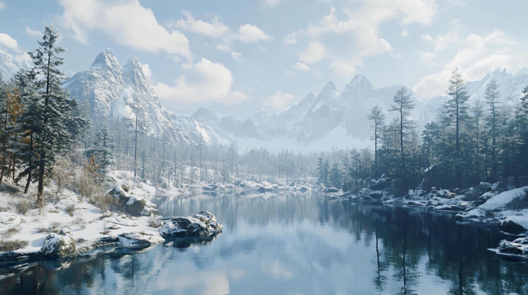 A snowy mountain range with a river running through it photo
