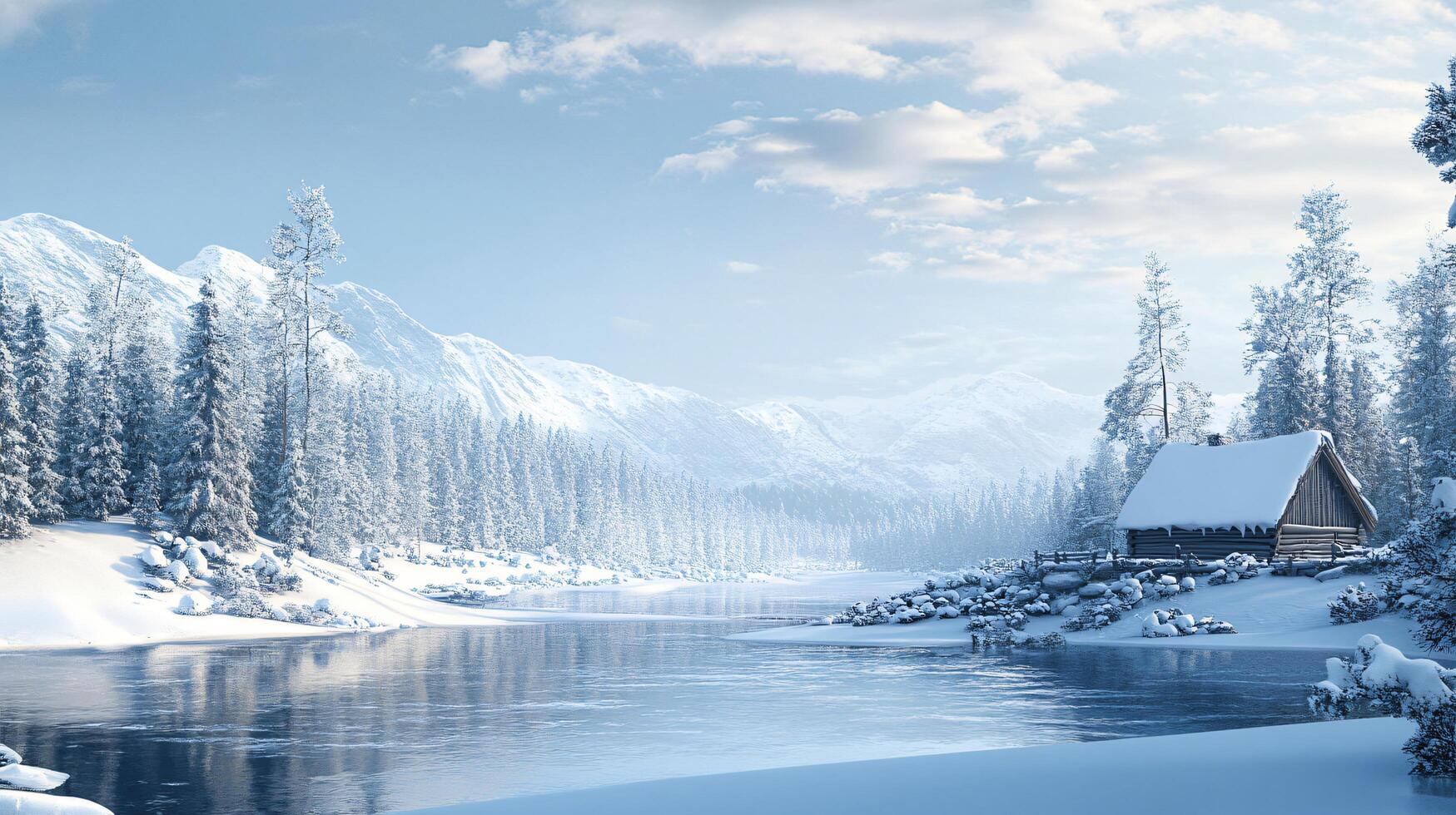 A snowy landscape with a cabin in the distance photo