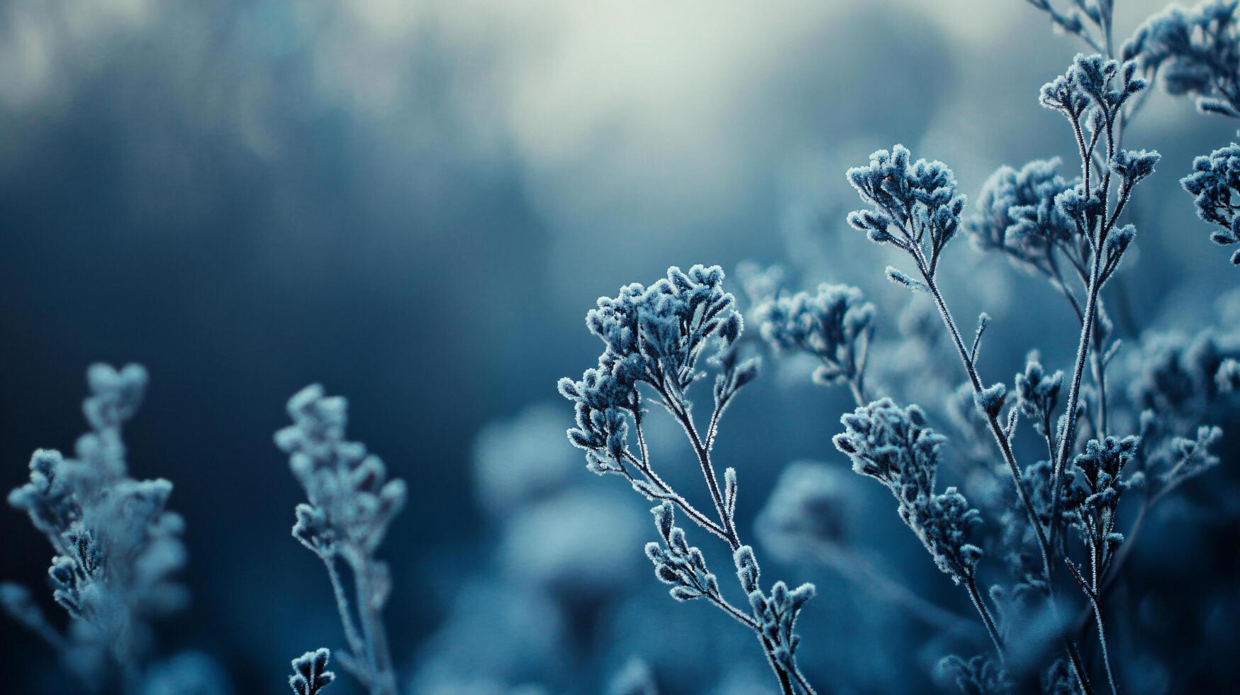 A field of blue flowers covered in frost photo