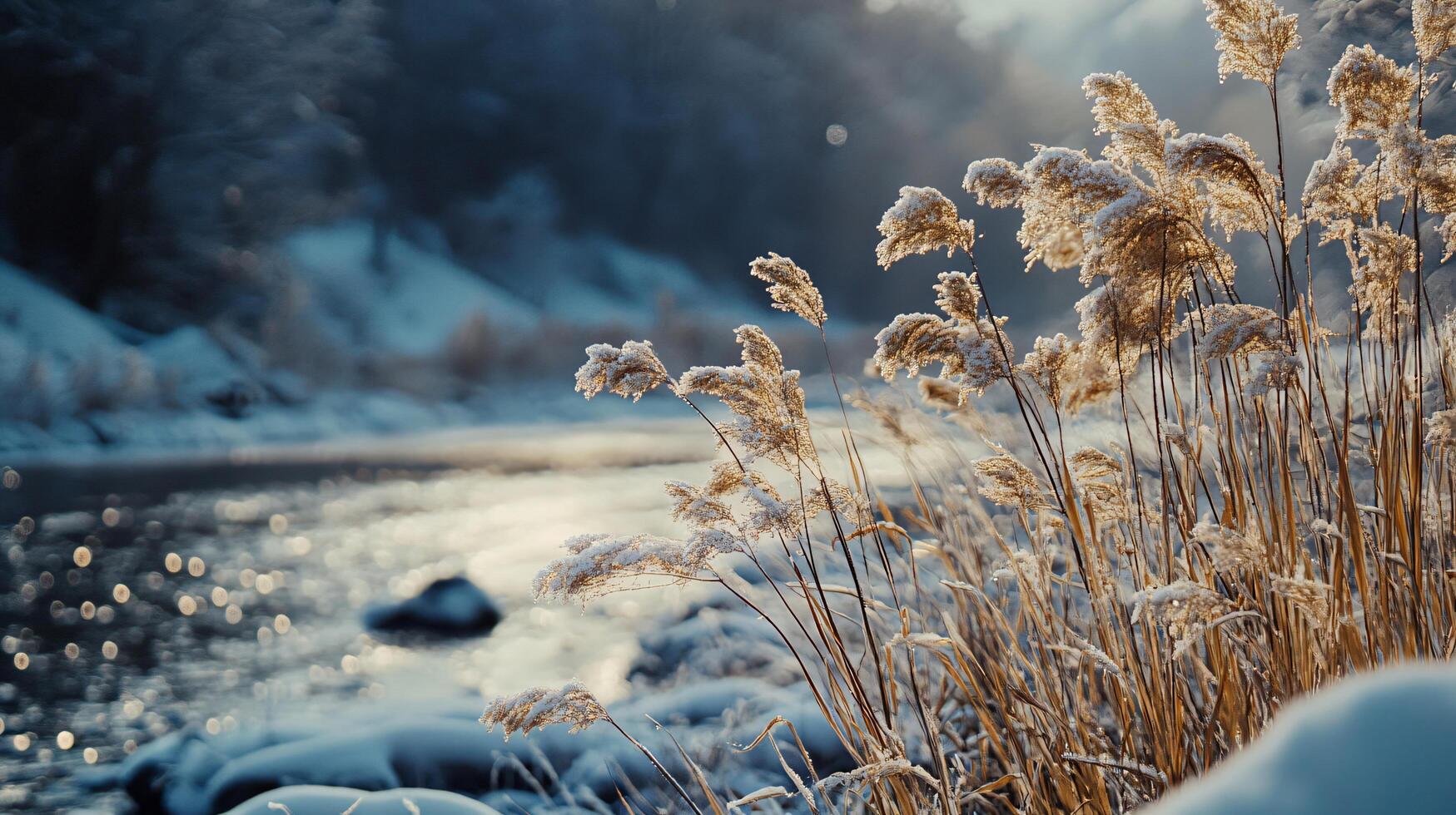 A snowy landscape with a body of water and a field of tall grass photo