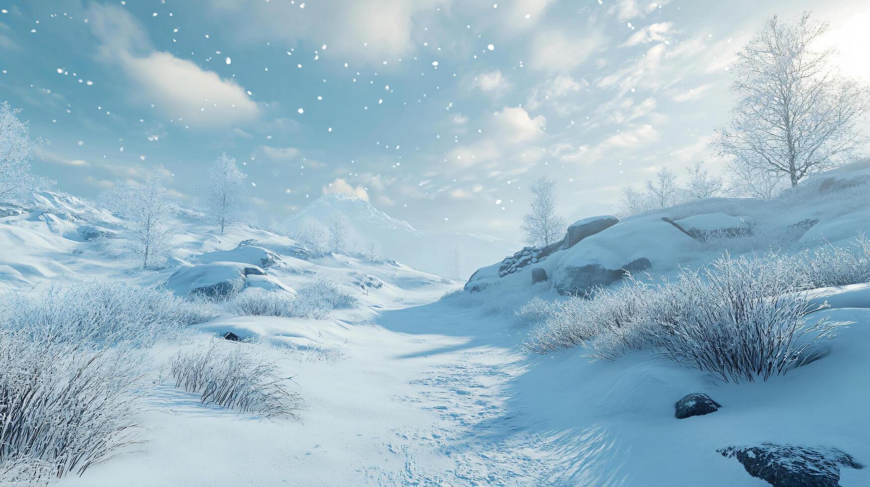 A snowy landscape with a mountain in the background photo