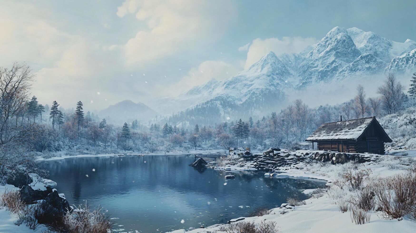 A snowy landscape with a small cabin in the distance photo