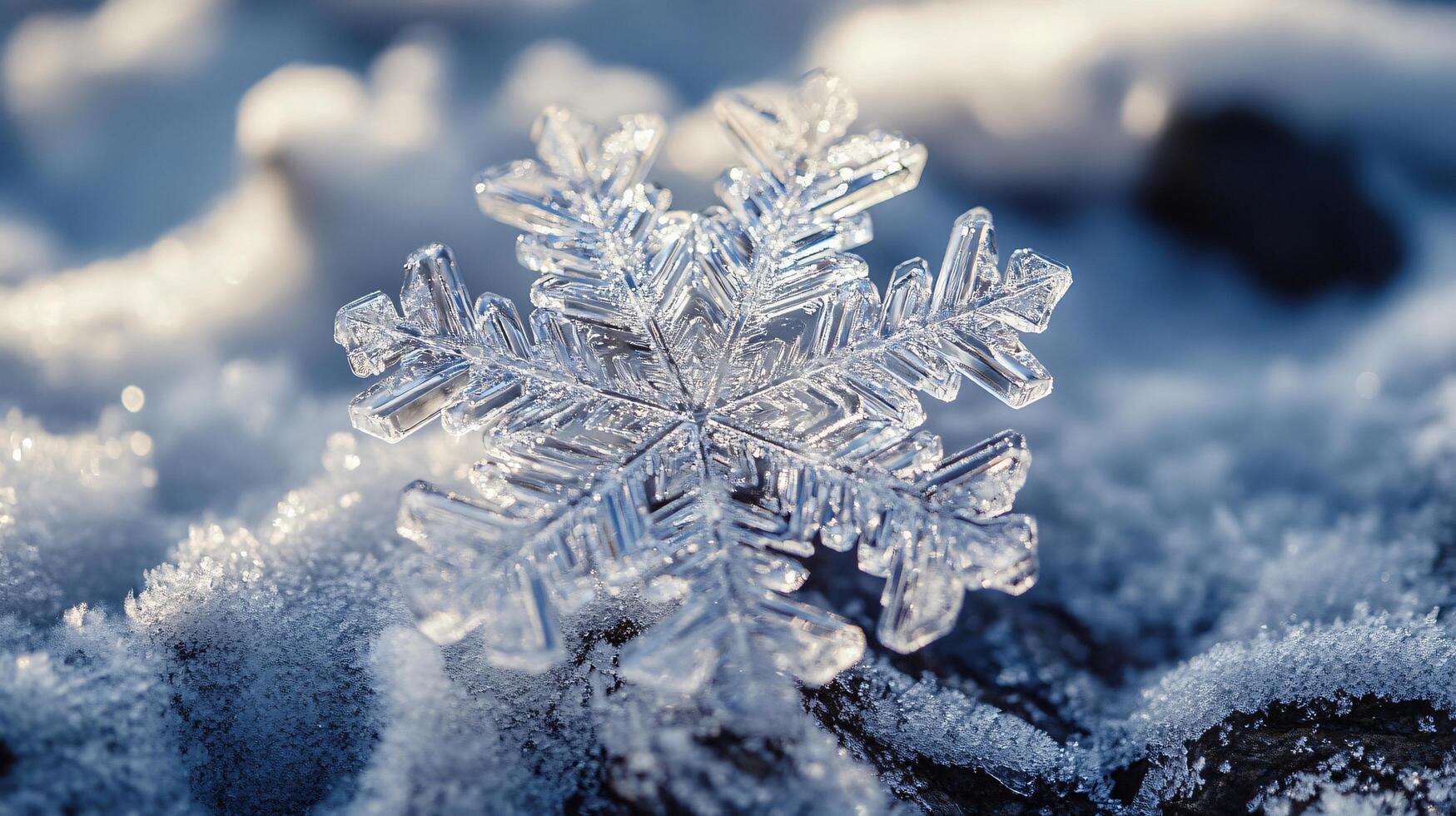 A snowflake is sitting on top of a rock photo