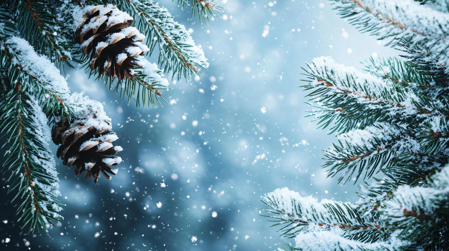 A snowy pine tree with two pine cones on it photo