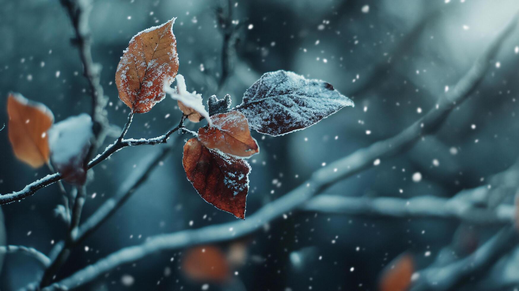 A leaf is covered in snow and is hanging from a tree branch photo