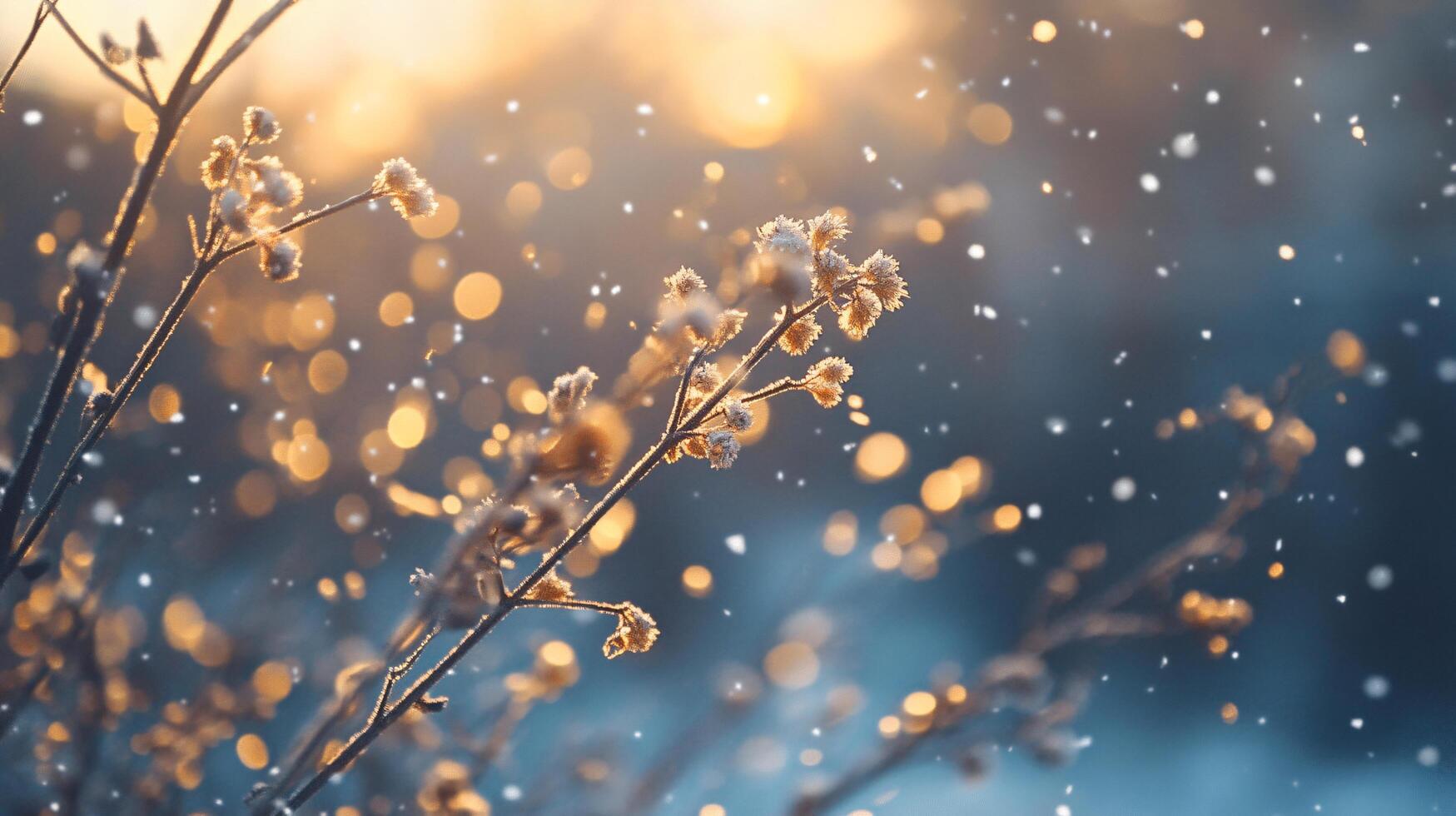 A branch covered in snow with a bright orange sun in the background photo