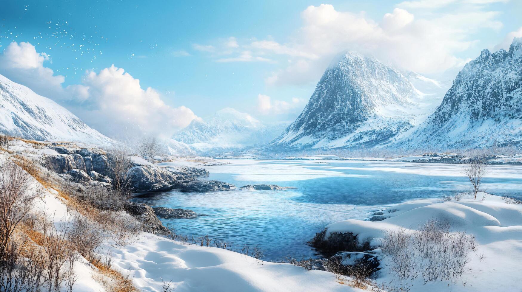 A snowy landscape with a large body of water and mountains in the background photo