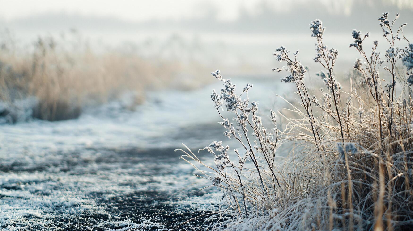 A snowy field with a few plants and a road photo