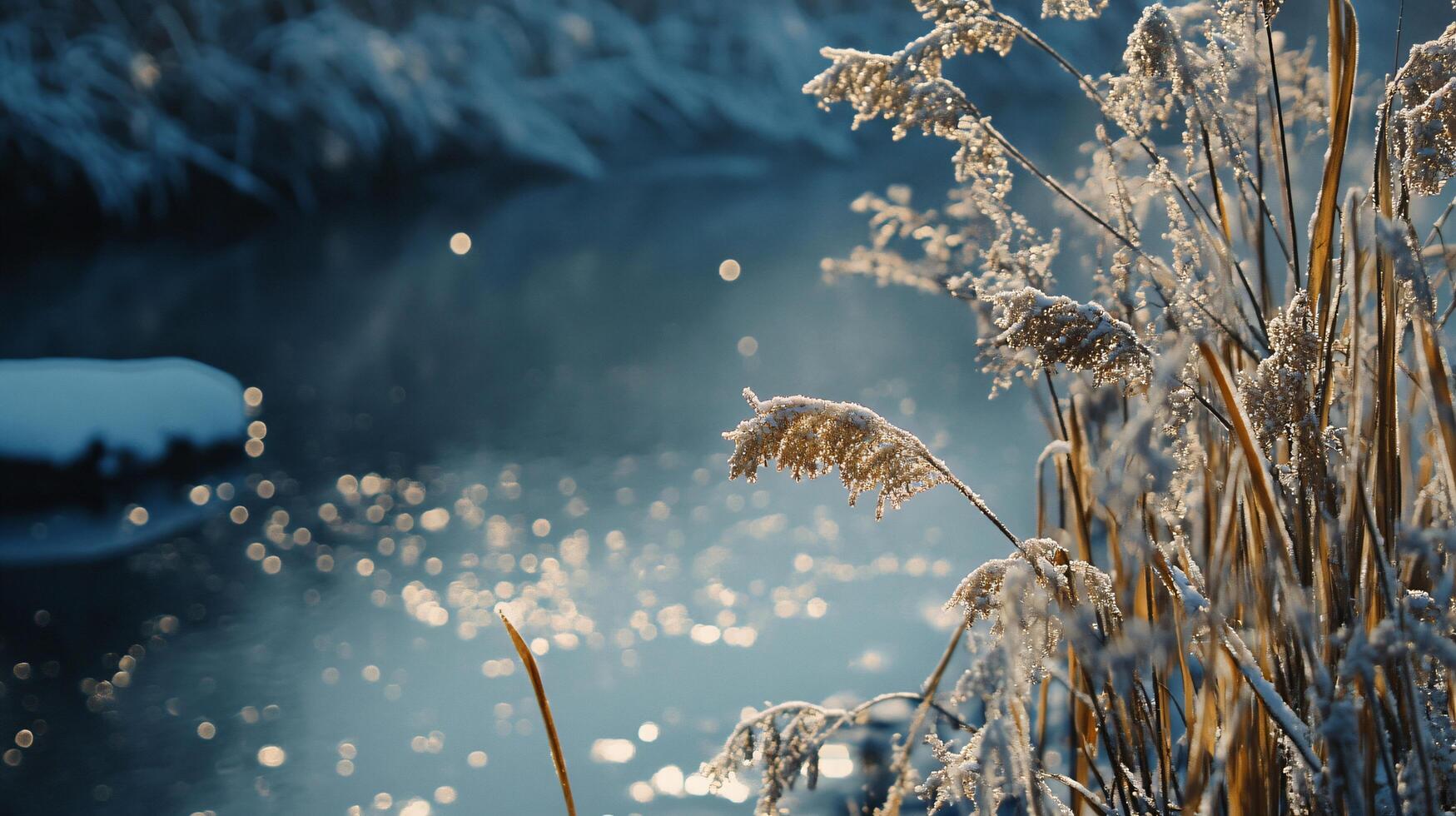 A frozen pond with a few plants on the edge photo