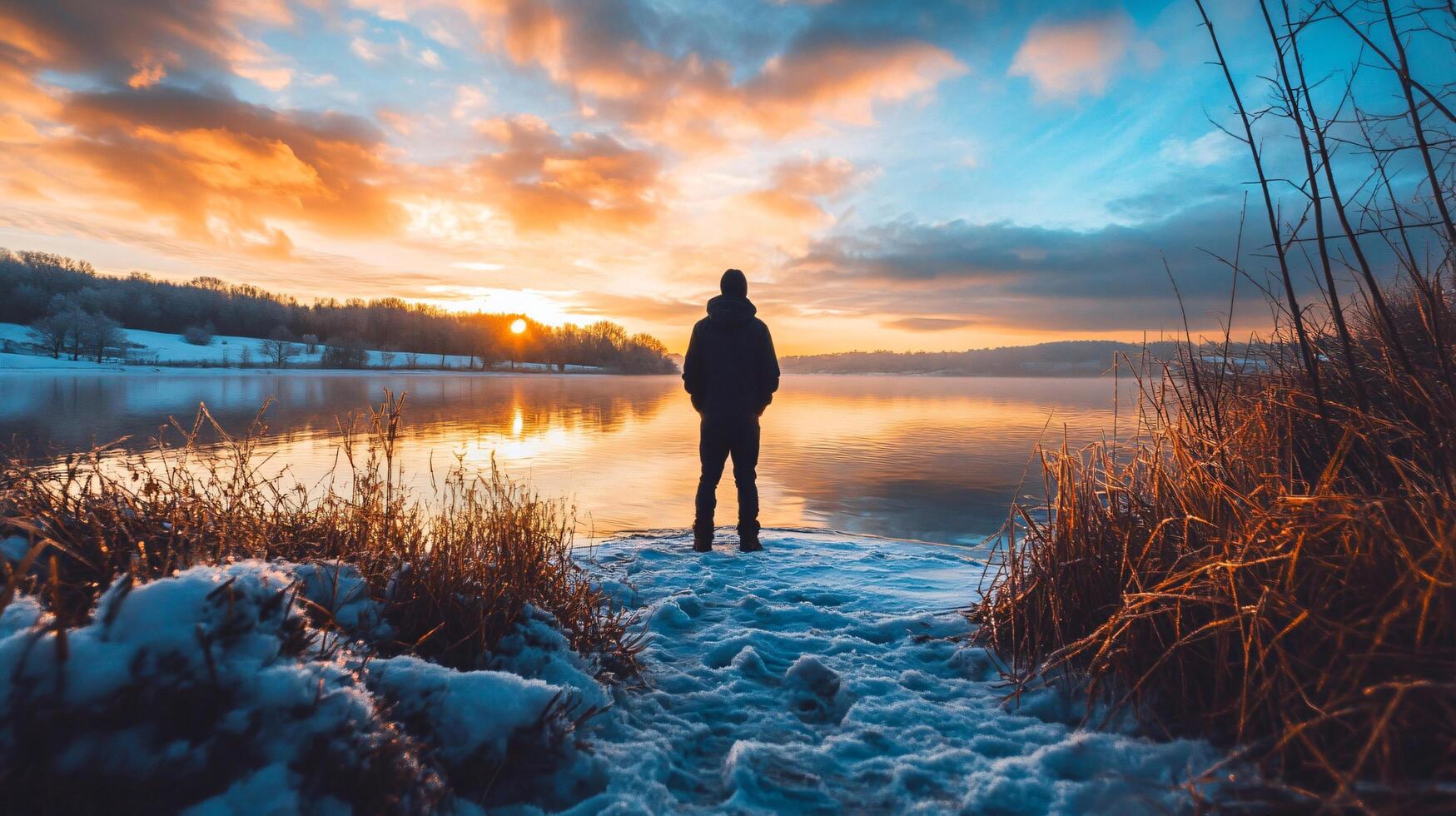 A man stands on a snow covered path near a body of water photo